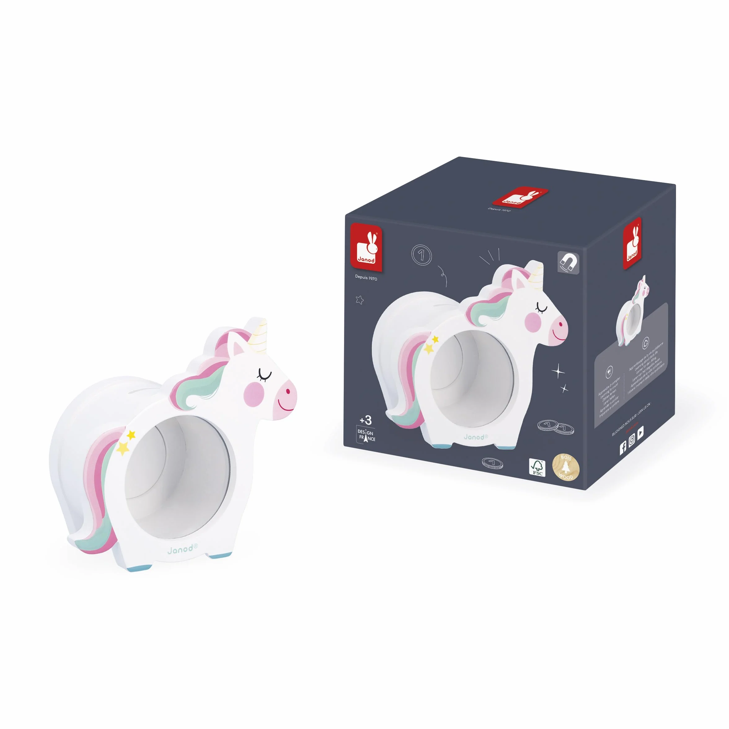 Janod Tirelire Licorne Enfant Bois FSC Ouverture Magnétique Transparente