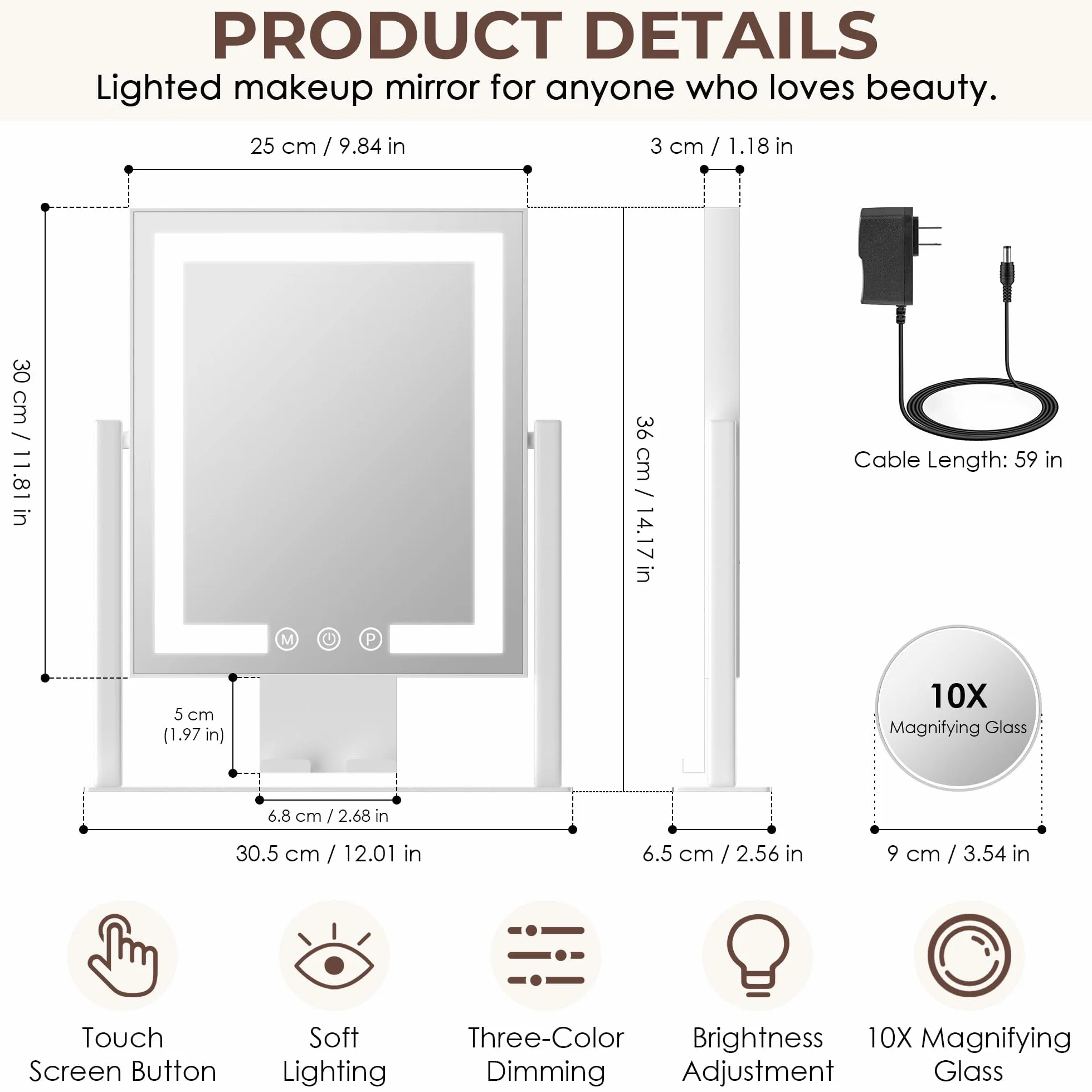 Kottova Miroir de Maquillage avec lumières, Miroir de Table 30x36 cm, 3 Modes d’éclairage réglables par capteur Tactile, Miroir grossissant Amovible 15X (Petit miroi Rond), Cadre en métal – Blanc
