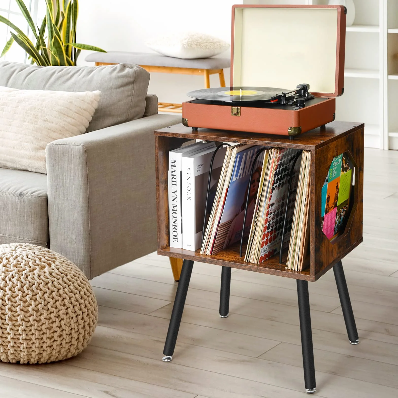 ikkle Support Rustique pour Platine Vinyle avec Pieds en Métal, Pouvant Contenir 150 Disques, Table de Rangement pour Disques Vinyles pour Chambre ou Salon (Marron)