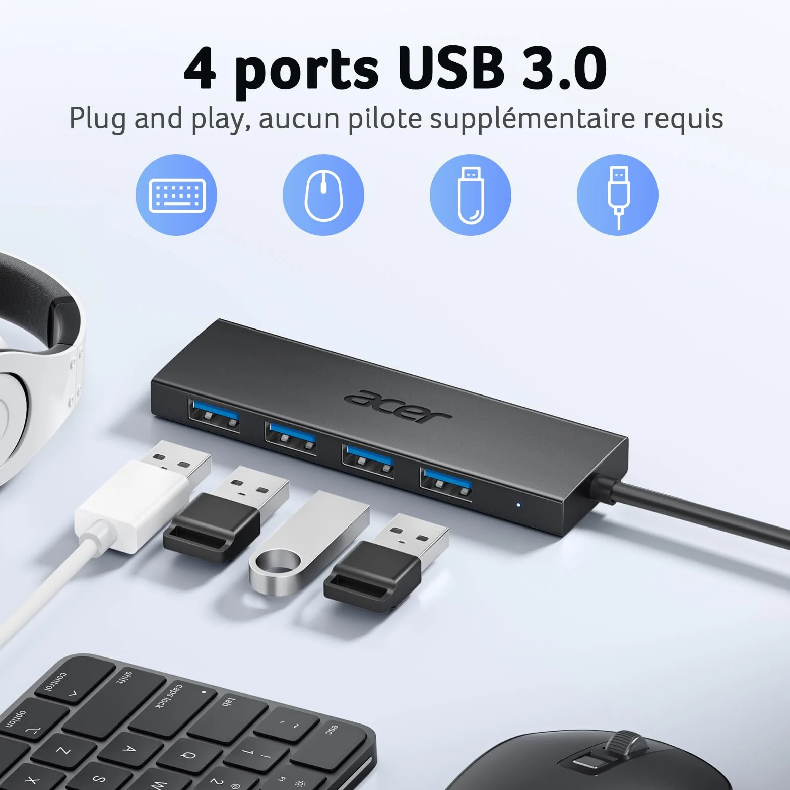 Acer Hub USB 3.0 4 Ports Adaptateur Multiport USB pour PC MacBook Air iMac Surface Pro XPS PS4 (60cm)