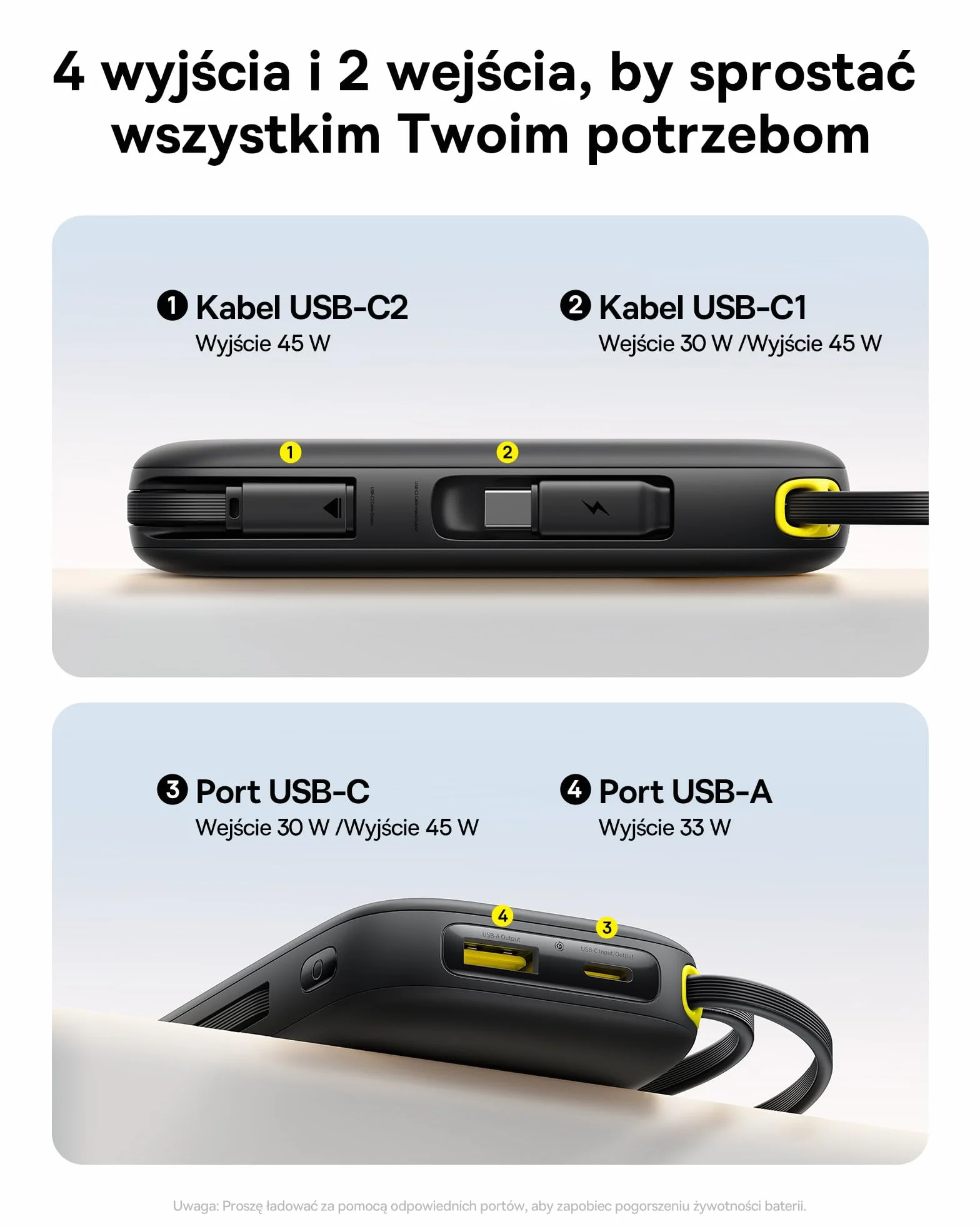 Baseus QPow3 Powerbank 45 W, 20 000 mAh, z 2 wbudowanymi kablami USB-C, Power Bank PD3.0 QC4.0, 3 USB C i 1 USB A, zewnętrzne akumulatory do telefonów komórkowych iPhone 16/15 Pro Max, iPad, Galaxy