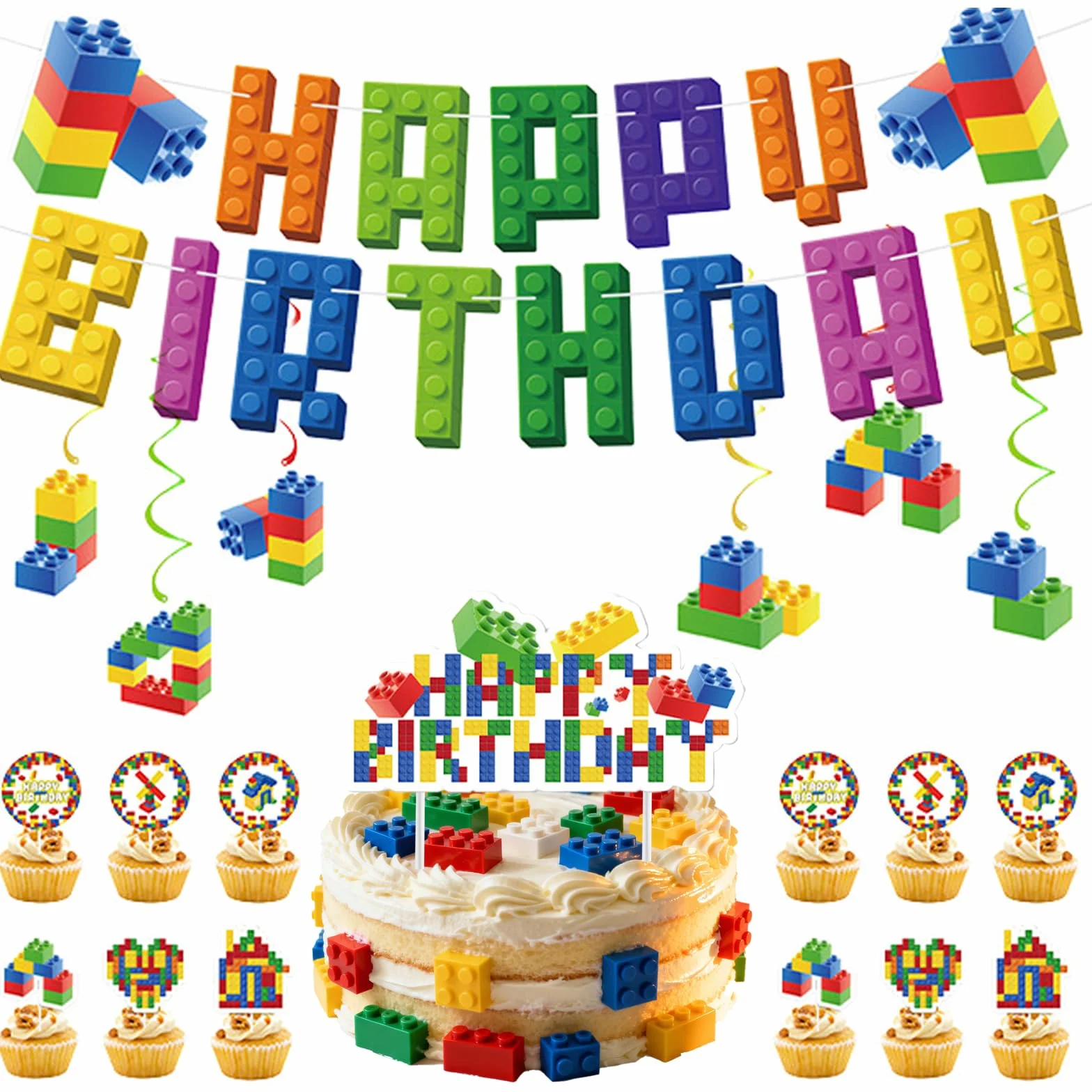 Guirlande Happy Birthday Briques de construction Décoration de fête suspendre Spirale Drapeau tirer Bannière