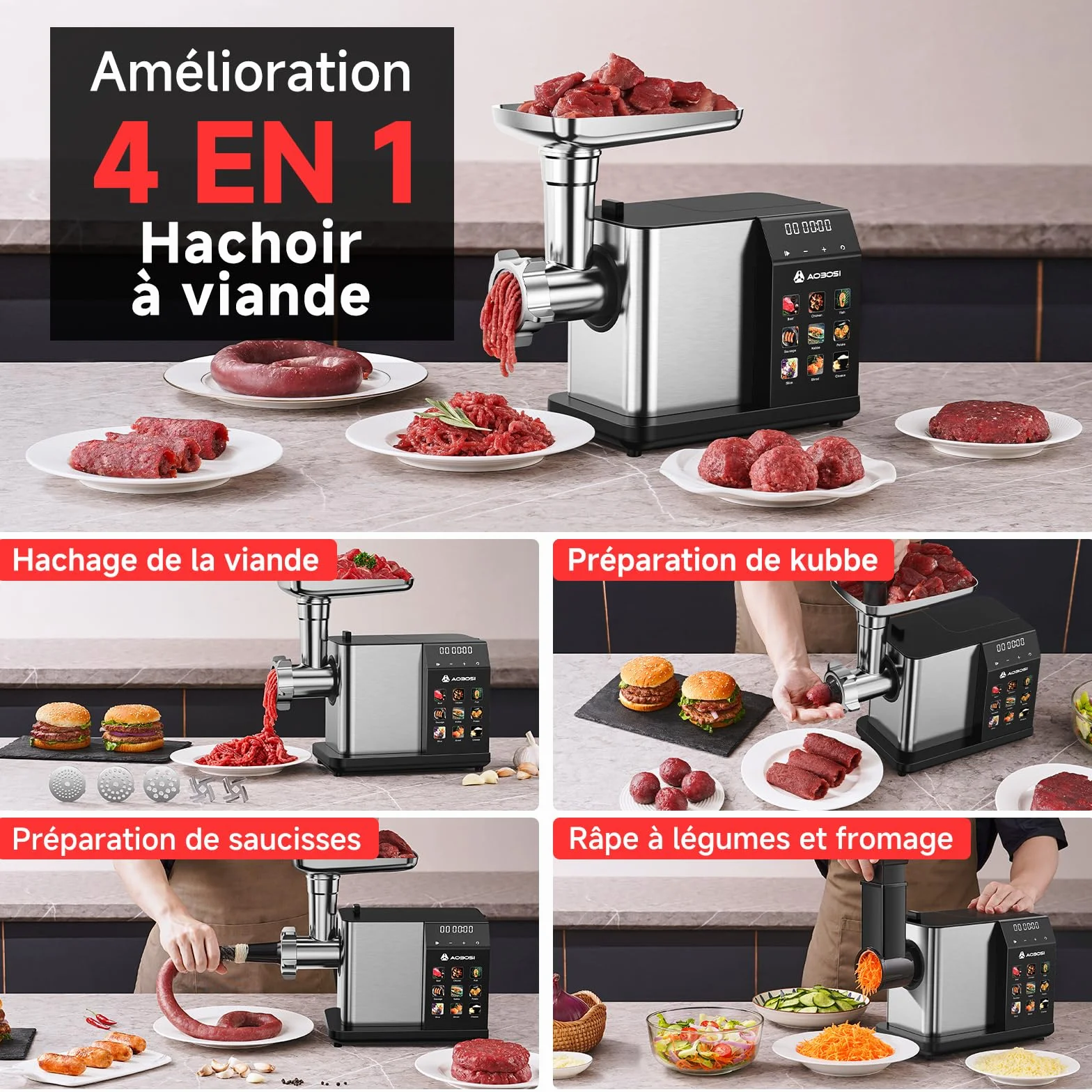 AAOBOSI Hachoir À Viande Électrique [3000W Max] - Avec Écran LED & 9 Réglages de Vitesse - Récipient de Stockage Intégré - Accessoires à Trancher, Saucisses et Kibbe Inclus - Pour Usage Domestique