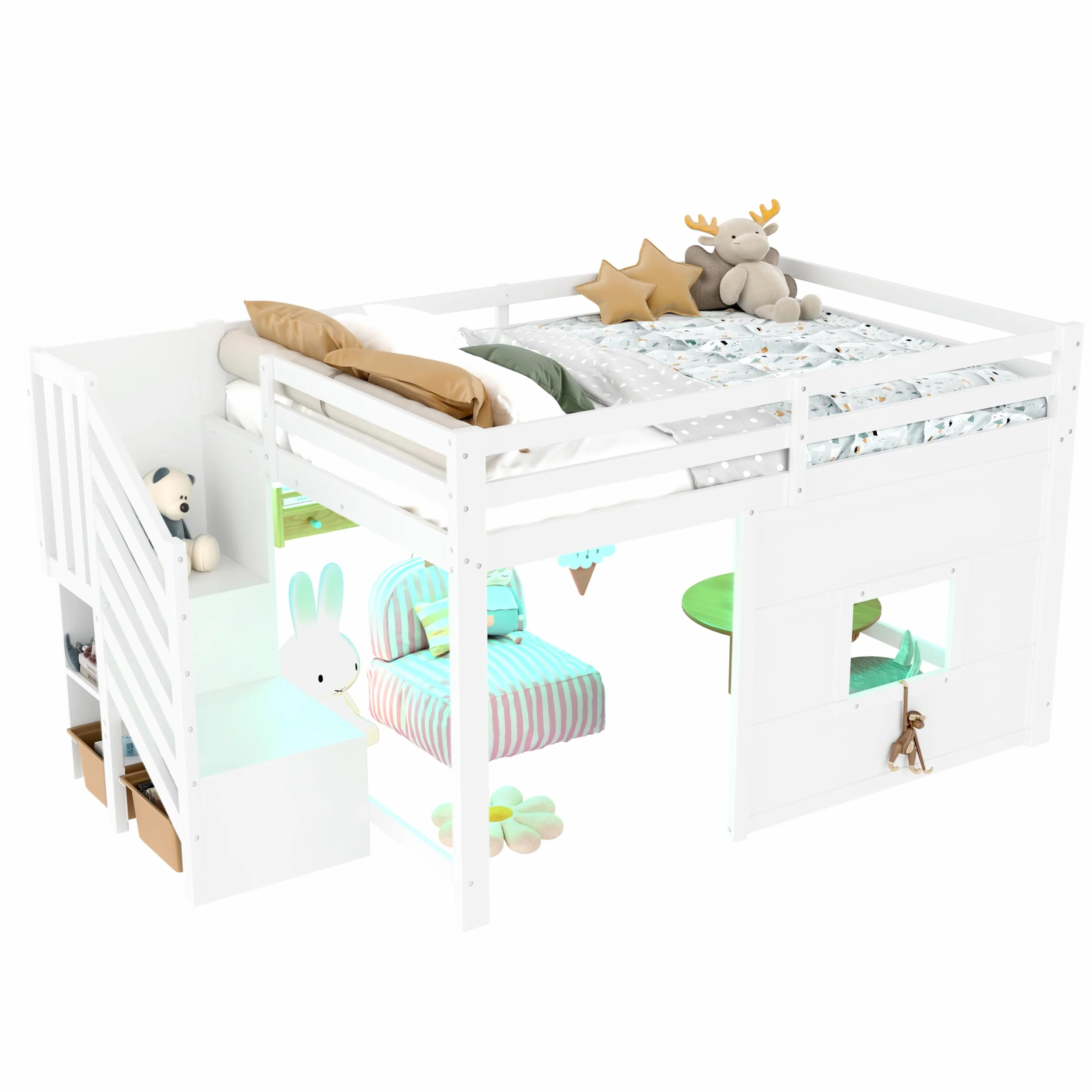 Lit Mezzanine 140x200 cm avec Escalier De Rangement et Fenêtre, Blanc – Lit Superposé Enfant 1 Place, Structure Robust en Pin Massif, Sécurité Garantie, pour Garçon et Fille
