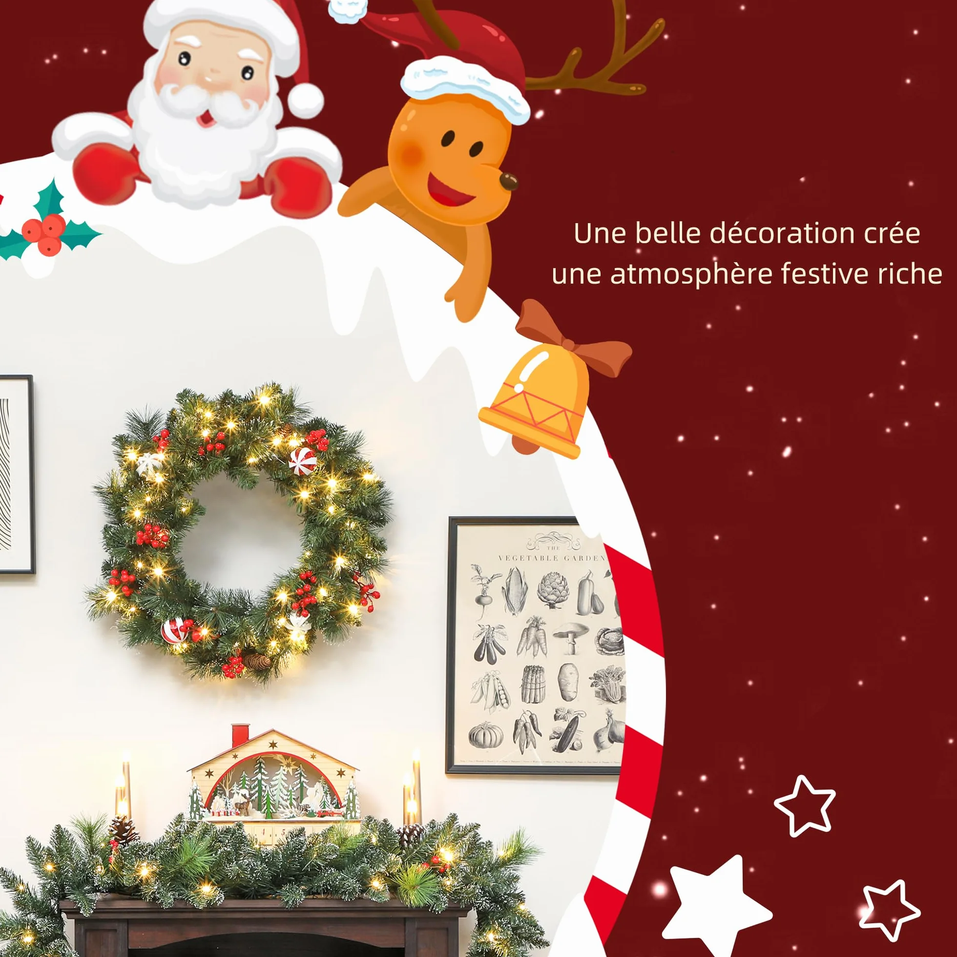 HOMCOM Couronne de Noël Lumineuse 60 cm avec 50 LED Blanc Chaud, minuterie, Couronne de Noël de Porte d'entrée, 146 Pointes, Pommes de pin, Baies, Boules décoratives, pour Porte, Mur, cheminée, Vert
