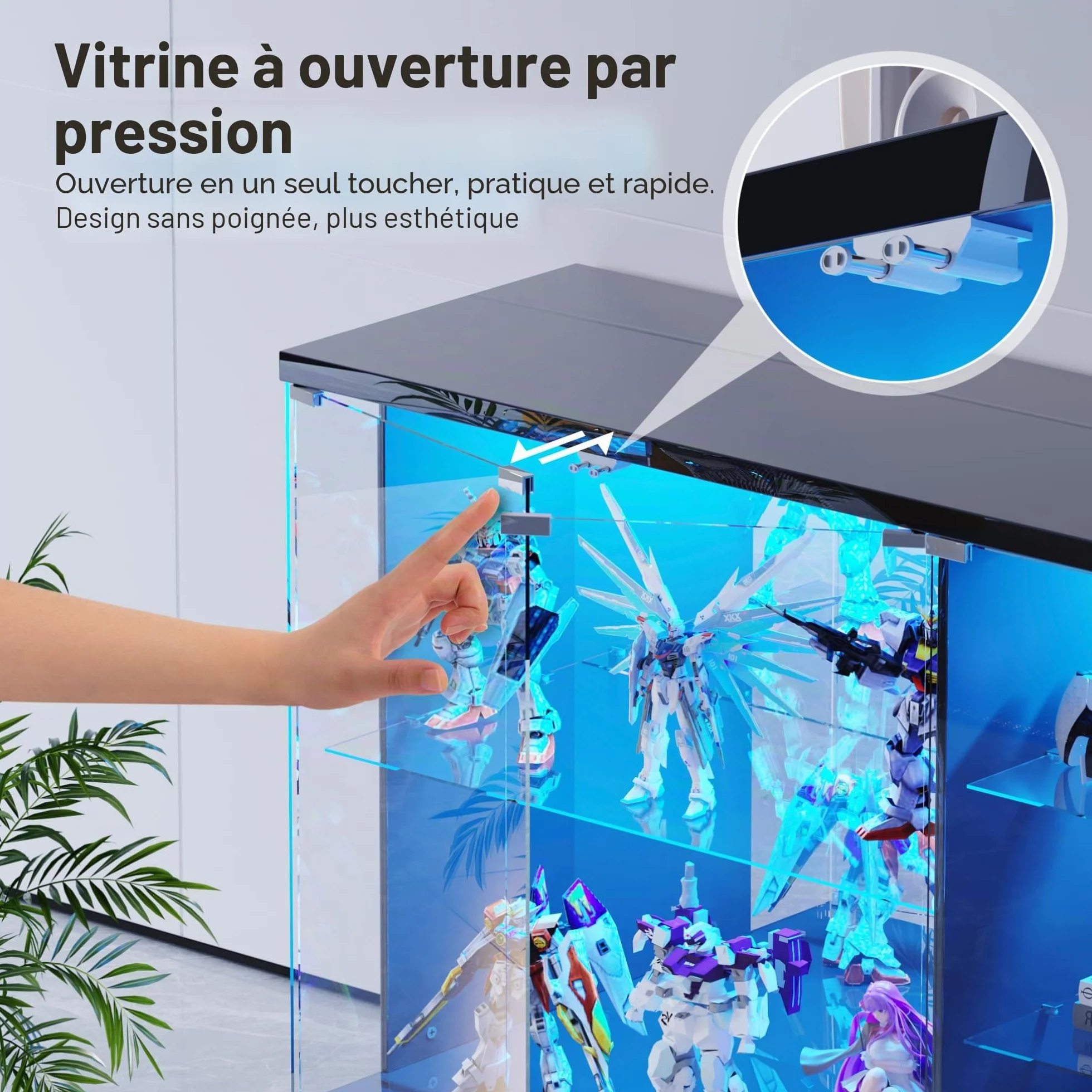Lvifur Vitrine en verre - Éclairage LED et portes en verre - Armoire en verre - Cabinet d'affichage avec capteur intelligent - 3 couches - Étanche à la poussière - Pour salon, chambre à coucher