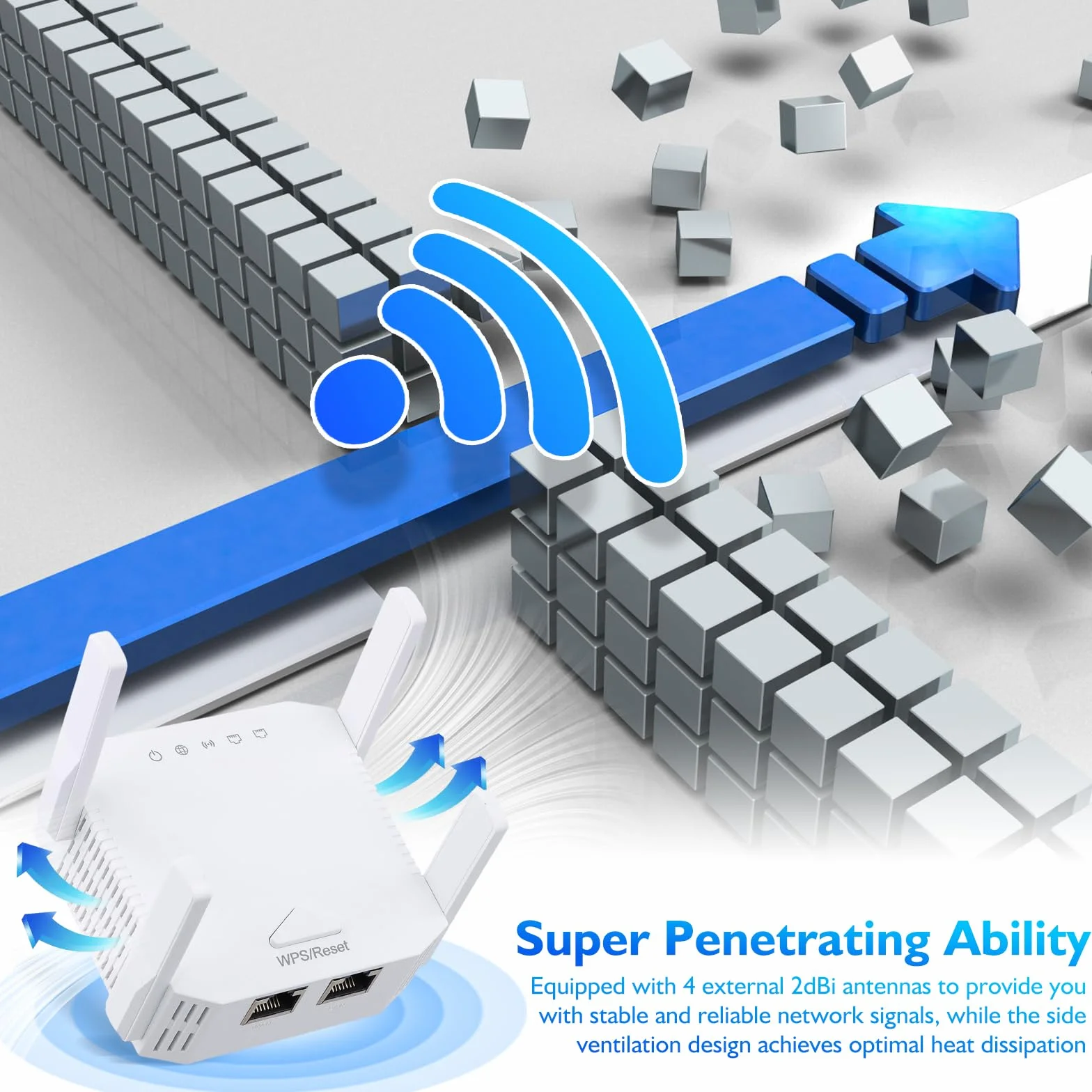 Potężny repeater WiFi 1200 Mb/s, dwuzakresowy wzmacniacz WiFi 2,4 GHz i 5 GHz, tryb repeatera/AP/router, 4 anteny zewnętrzne, przedłużacz Wi-Fi z portem Ethernet do domu i biura