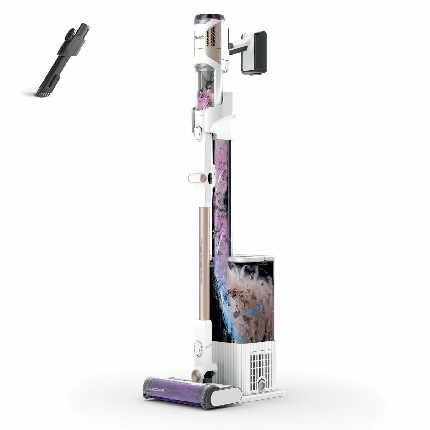 Shark Aspirateur sans fil Detect Clean & Empty, aspiration puissante, système de détection de la saleté, base auto-vidante 2l, autonomie 60min, fonction anti-emmêlement, suceur plat, Blanc IW3612AMZEU