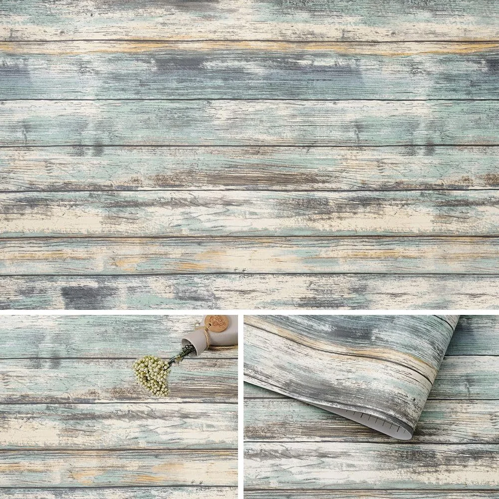Arthome Papier Peint Rustique Bois Bleu Auto Adhesif 42cmx2m Vinyle Décoratif Film Vintage Revêtement Mural Facile à Nettoyer