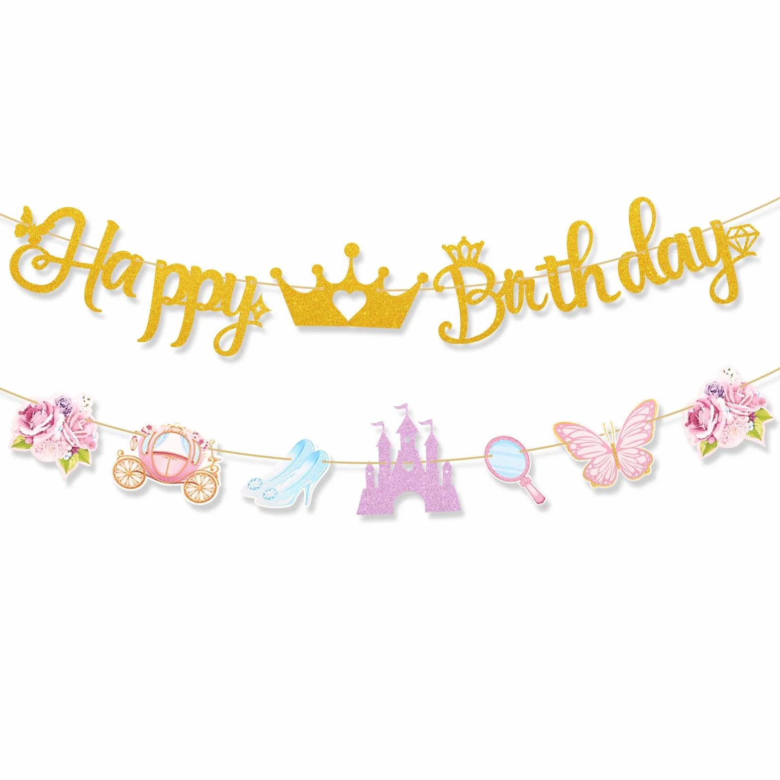Bannière d'Anniversaire Princesse BOXOB avec Couronne Château Chaussure en Cristal Calèche pour Filles