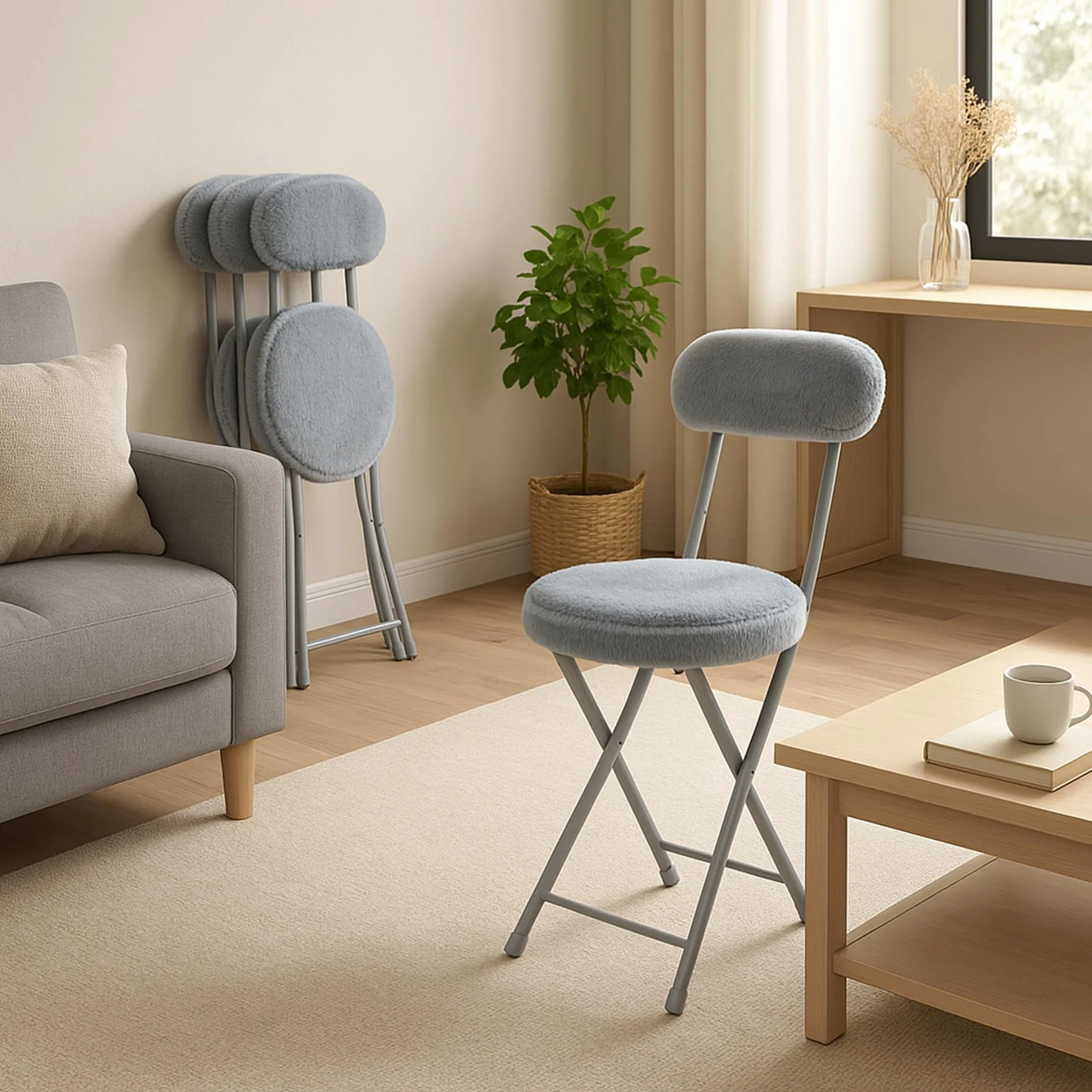 Meuble Cosy Lot de 4 Chaises Pliante Tabourets Pliable Coussin Rond en Fourrure avec Dossier et Repose-Pieds, Siège de 49 cm de Haut, Style Scandinave, Gris