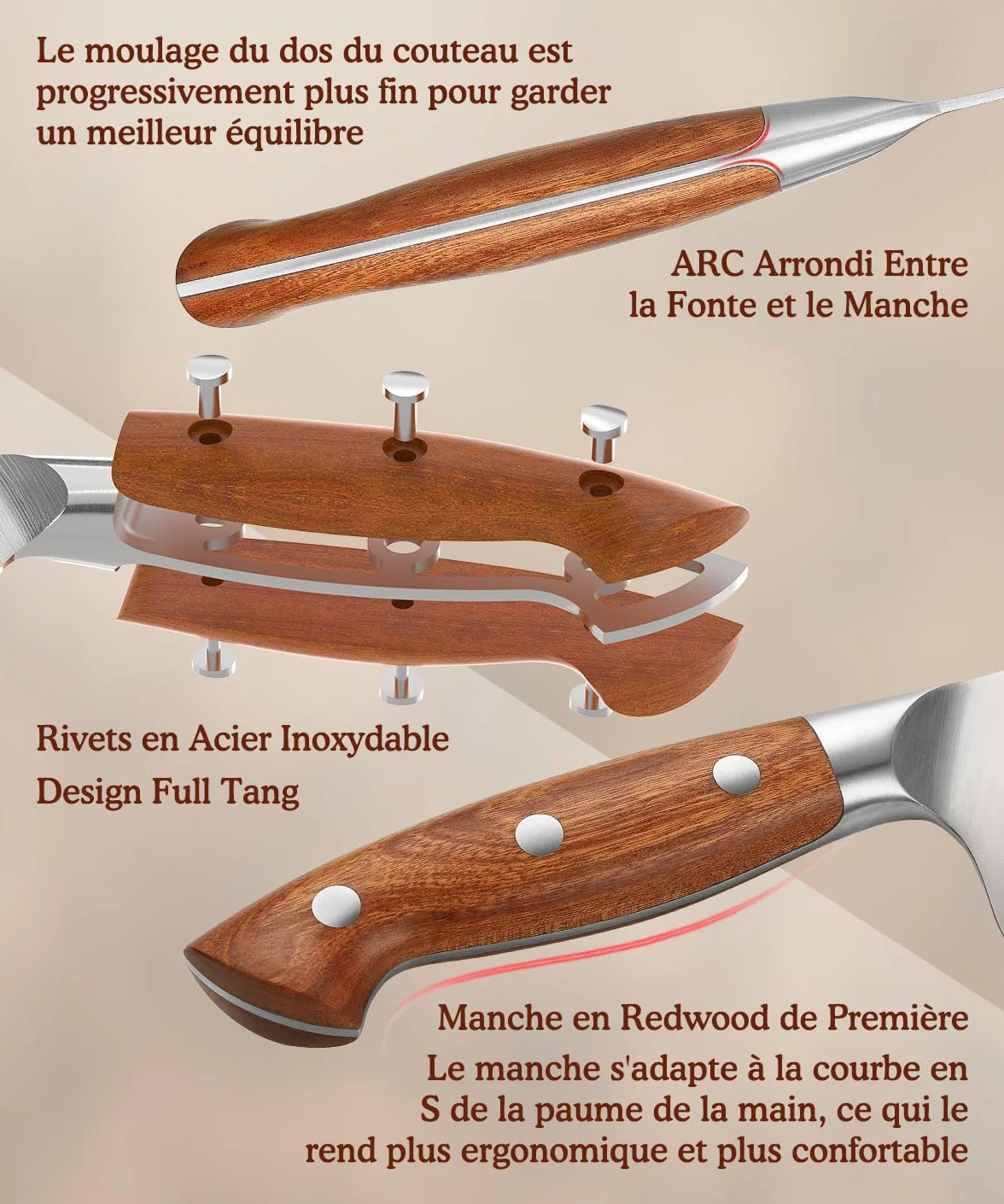 HEZHEN Couteau de Nakiri en Acier Geman, Style Japonais Couteau Couperet，Multi-Usages Couteau de Chef Asiatique Pour Trancher la Viande et les Légumes，Griff aus Redwood