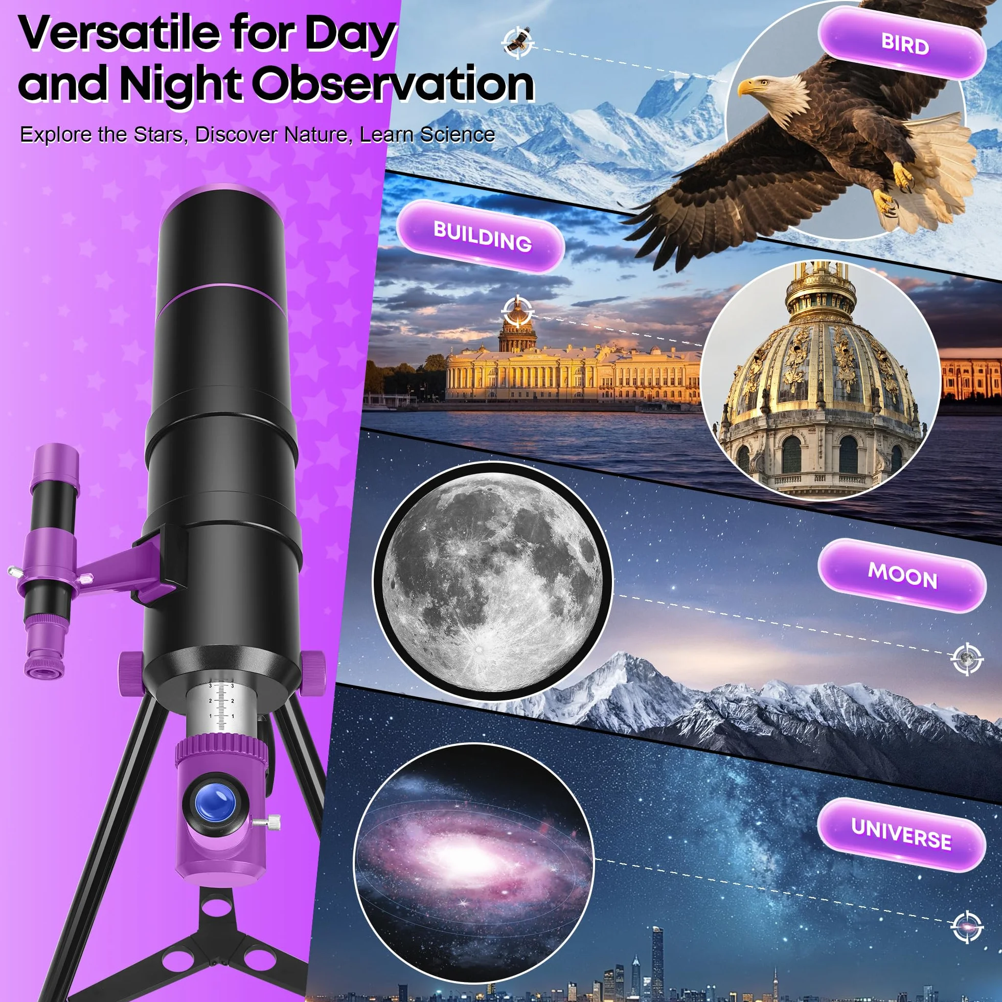 HUGERESTAR teleskop astronomiczny profesjonalny dla dorosłych, 90/550mm astronomiczny teleskop refraktorowy dla dzieci i początkujących, przenośny teleskop podróżny ze statywem, uchwytem na telefon