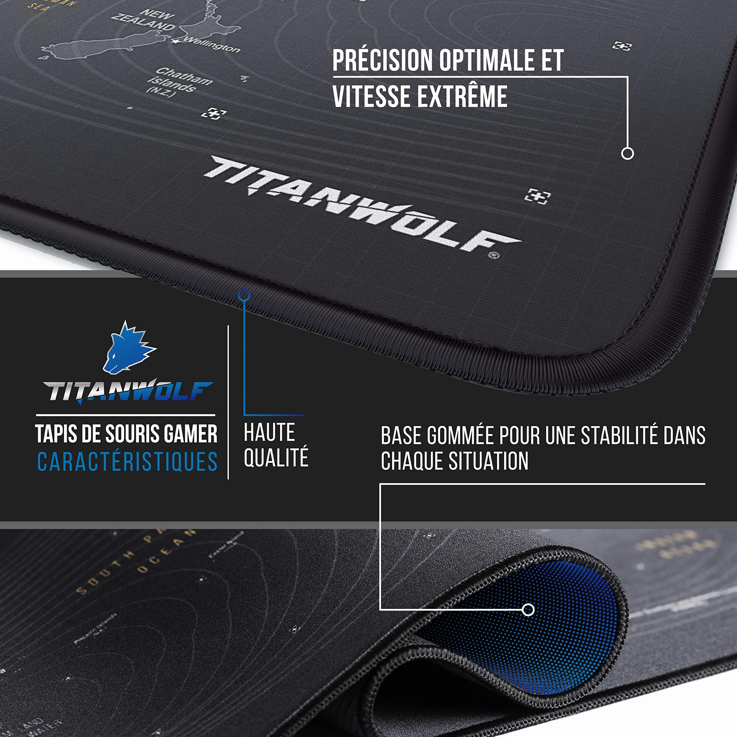 TITANWOLF Tapis de Souris Gaming 900x400mm XXL Tissu Antidérapant Carte du Monde
