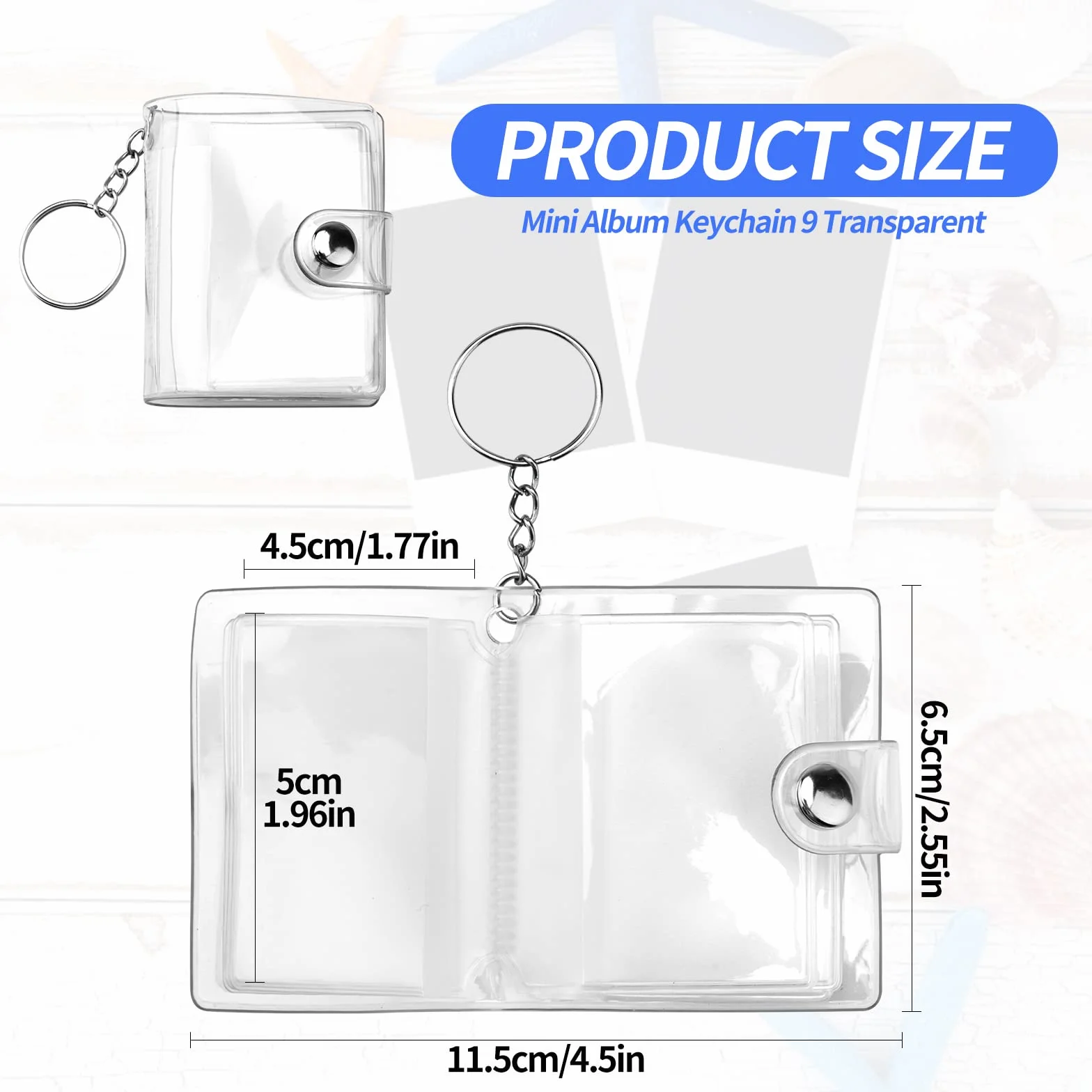 Lot de 9 mini porte-clés album photo 5,1 cm 20 poches transparent avec anneau fendu pour cartes
