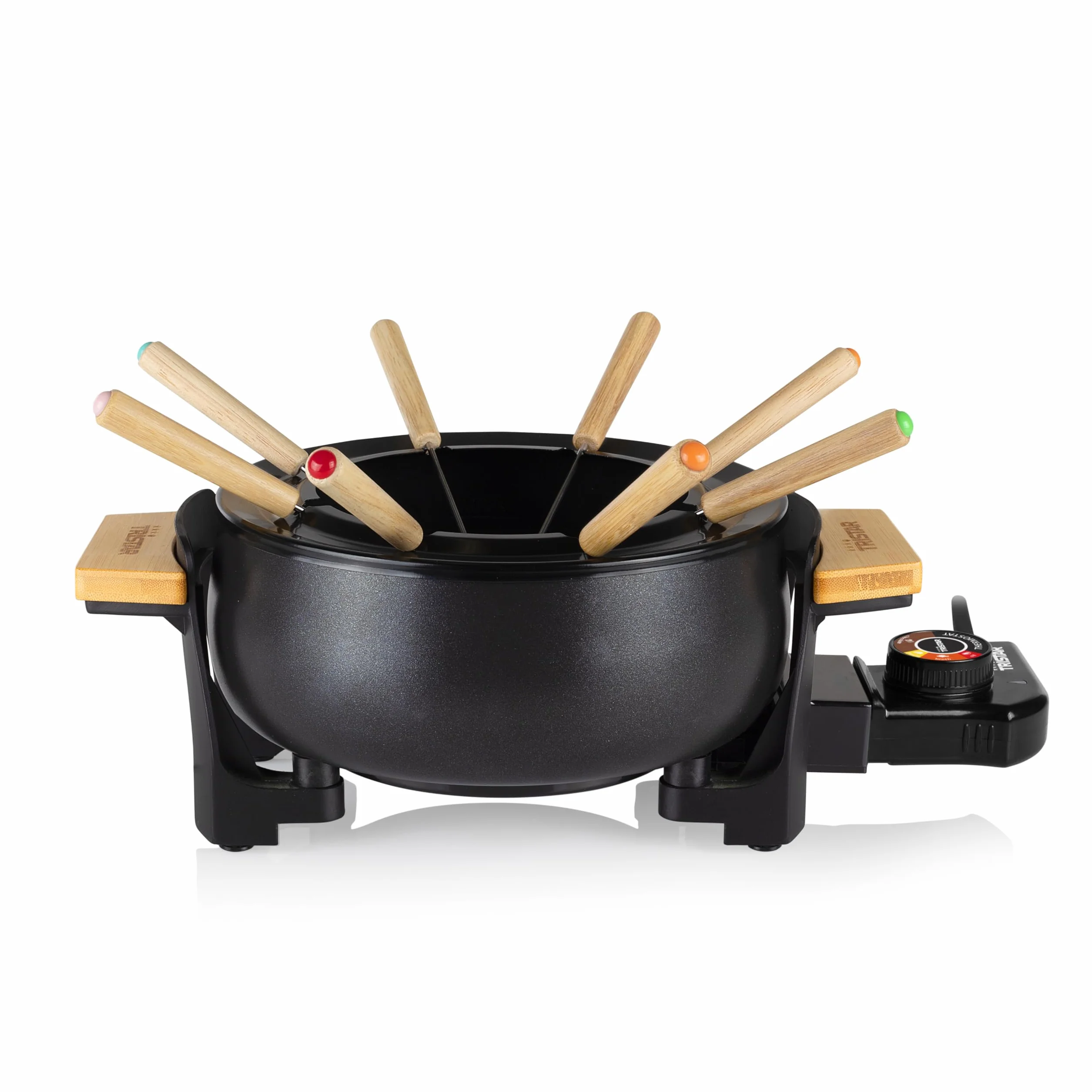 Tristar FO-1108 Service à fondue en bambou 1,5 L pour 8 – Caquelon multifonction pour huile, fromage et chocolat, inclut 8 fourchettes et un anneau anti-éclaboussures, design élégant