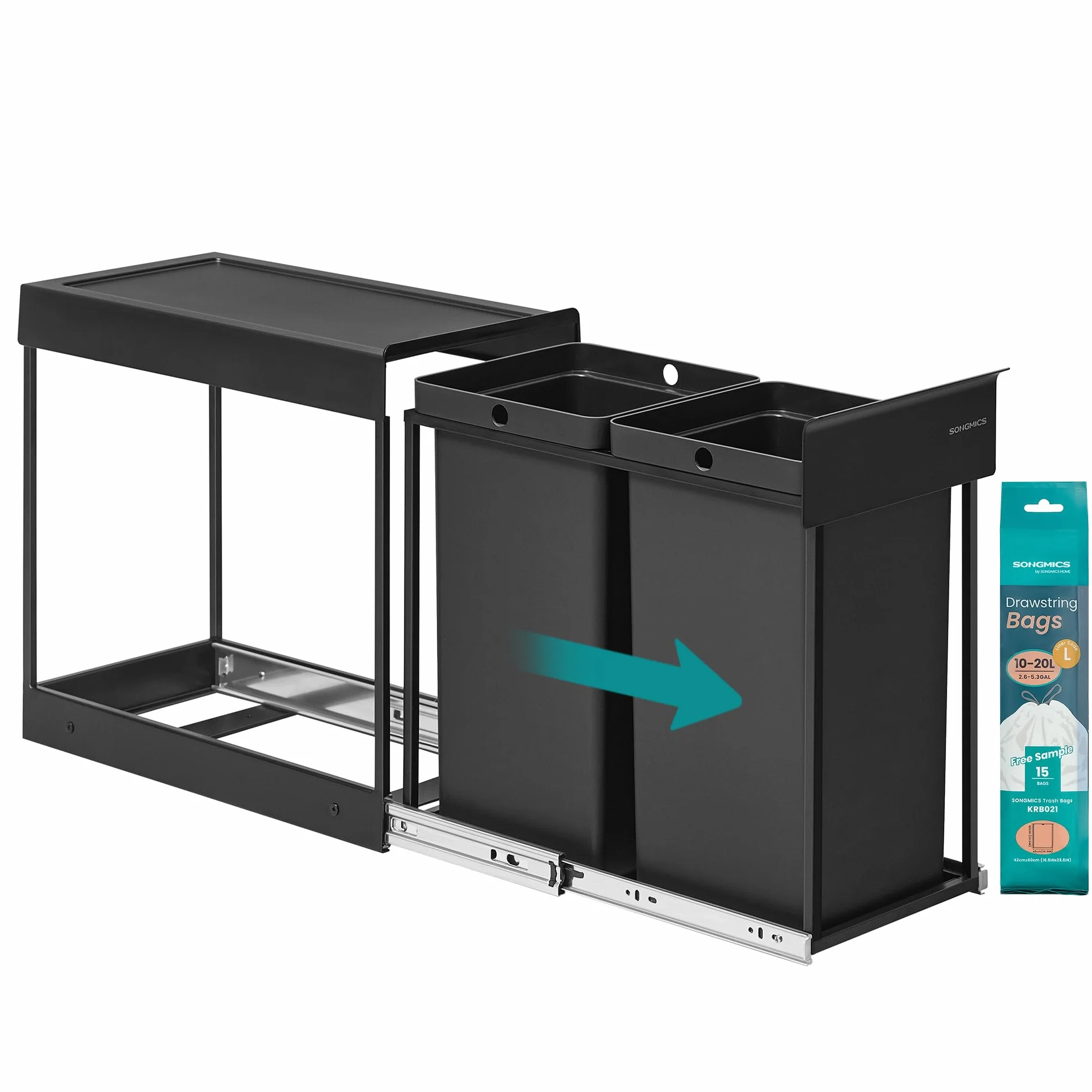 SONGMICS Poubelle de Tri Sélectif Extractible 2x15L Acier Noir LTB950B01