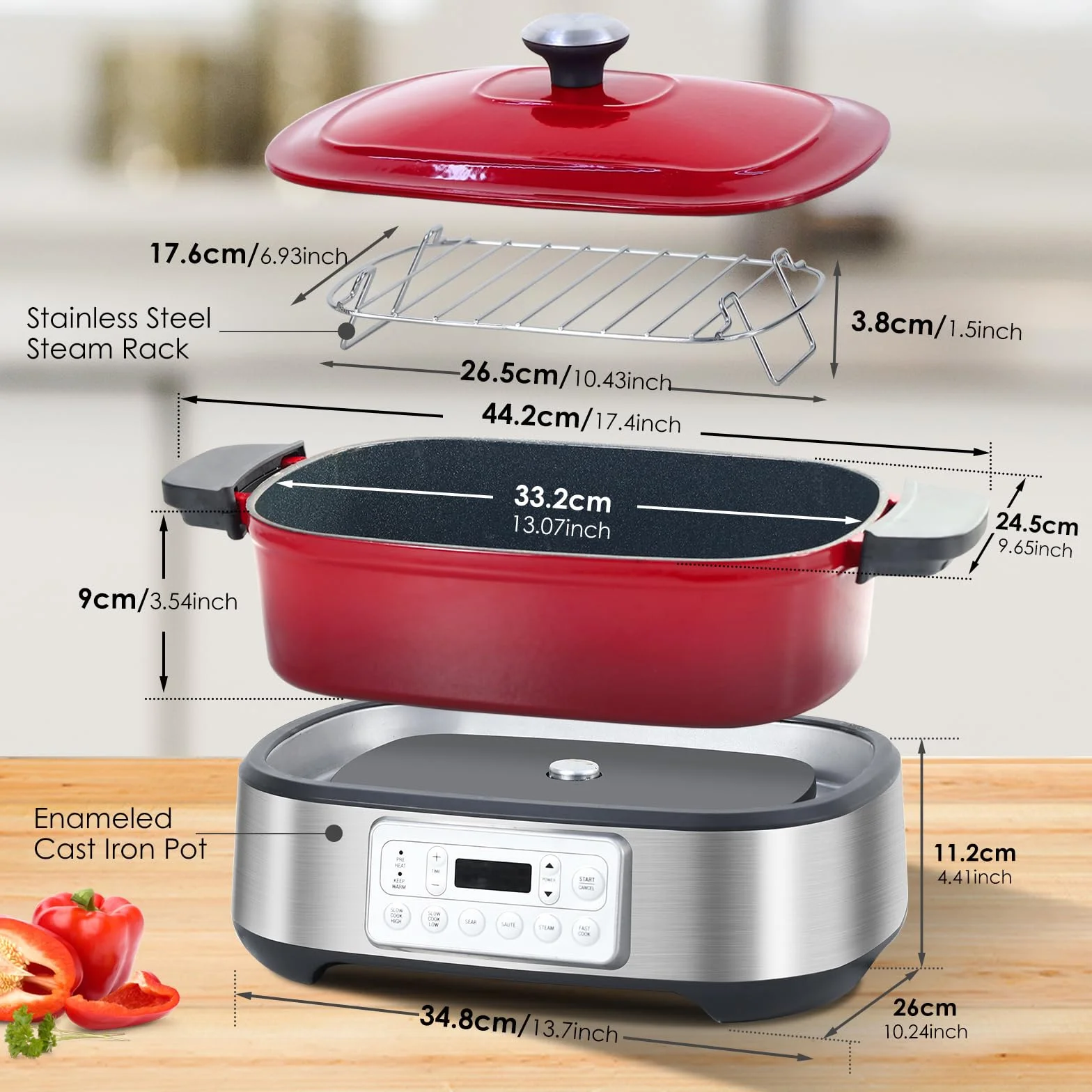 Homtone Mijoteuse électrique 6-en-1, 5,5L Multicuiseur Cocotte Amovible en Email, Revêtement Anti-adhésif en Céramique Saine Pour Cuisson Lente, Saisir, Sauter, Cuire à la Vapeur