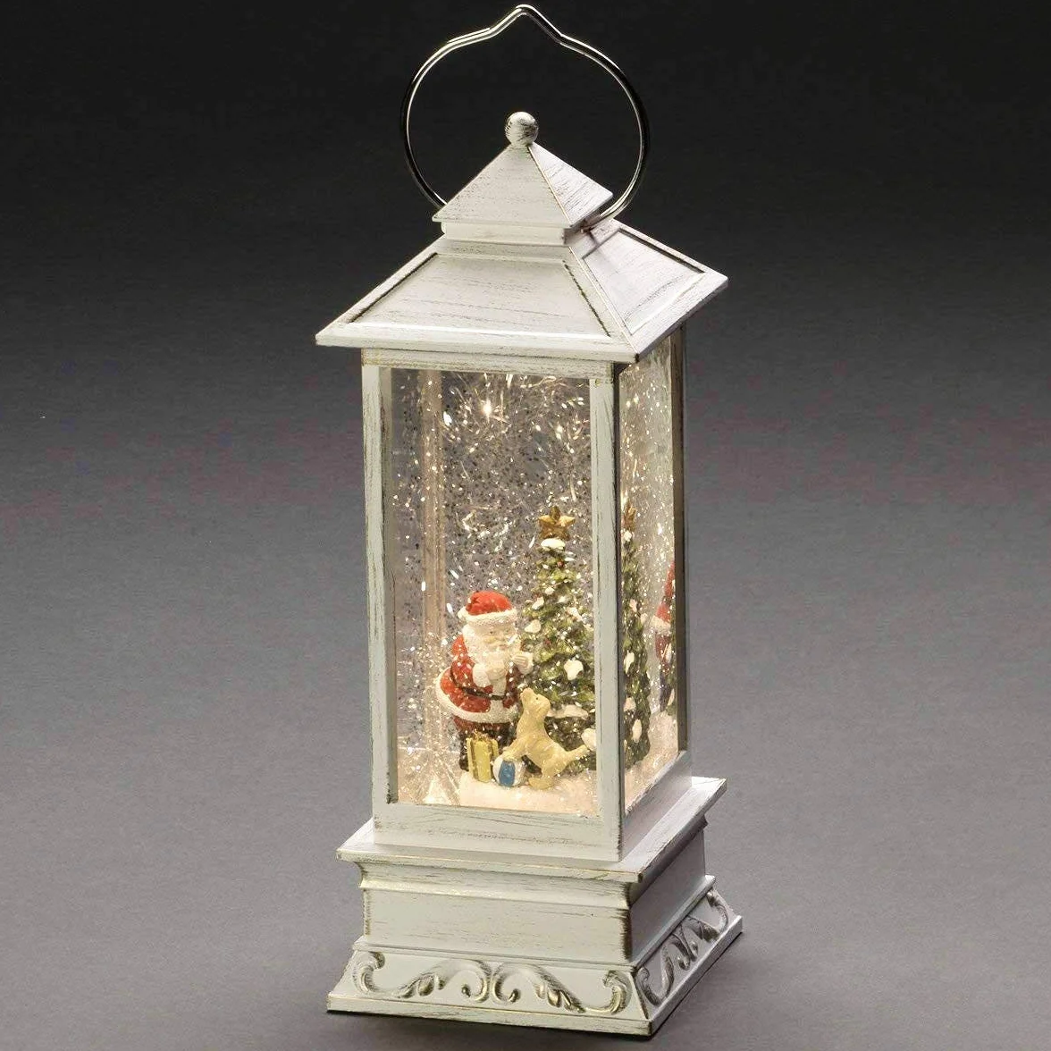 Konstsmide LED Snow Globe Lantern "Santa Dog and Tree Scene", Water Filled/Water Spinner/Indoor Use (IP20) with 5 Hour Timer/Battery Operated: 3xC 1.5V (excl.)/Christmas Lantern 1 Warm White Diodes