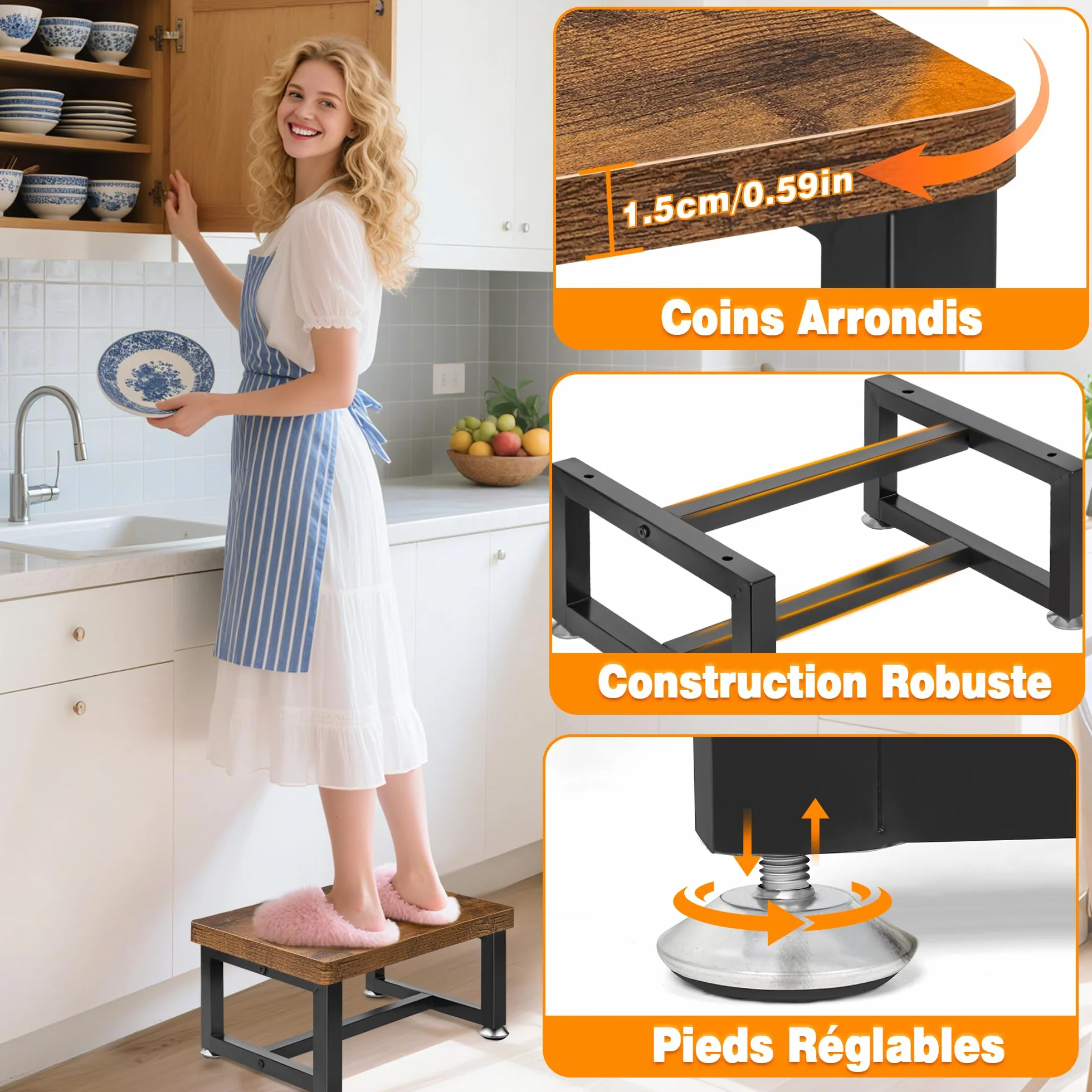 OUUTMEE Marchepied en Bois pour Enfants et Adultes, marchepied à 1 Niveau pour Lit en Hauteur avec Pieds Antidérapants Jusqu'à 150KG, Marchepied pour Cuisine, Chambre à Coucher, Salle de Bain (Marron)