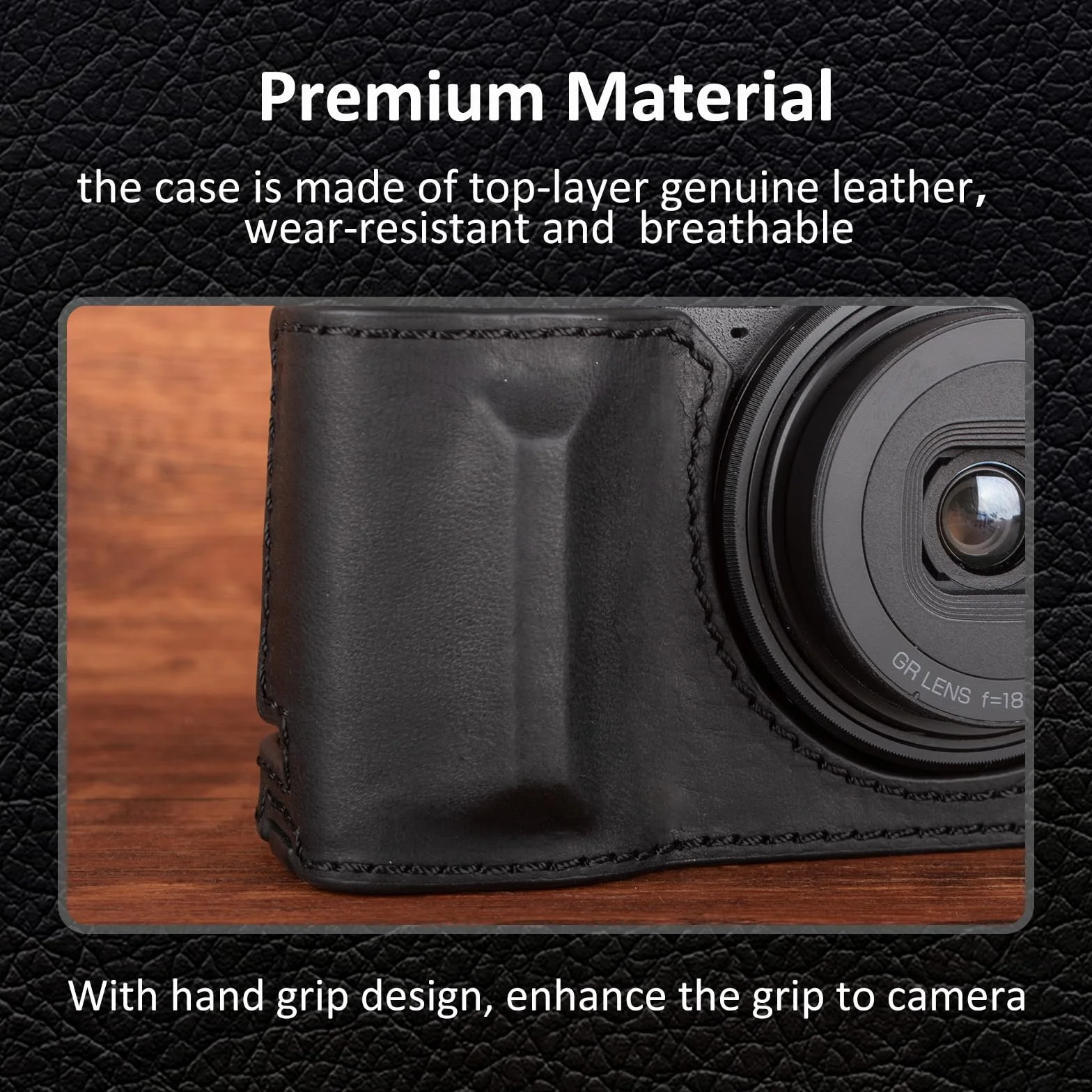 MUZIRI KENOKOO Półetui na aparat Ricoh GR IV GR III, etui ochronne premium z prawdziwej skóry, kompatybilne z aparatem cyfrowym GR IV/GR III, z otworem na spodzie i uchwytem, czarny, Retro