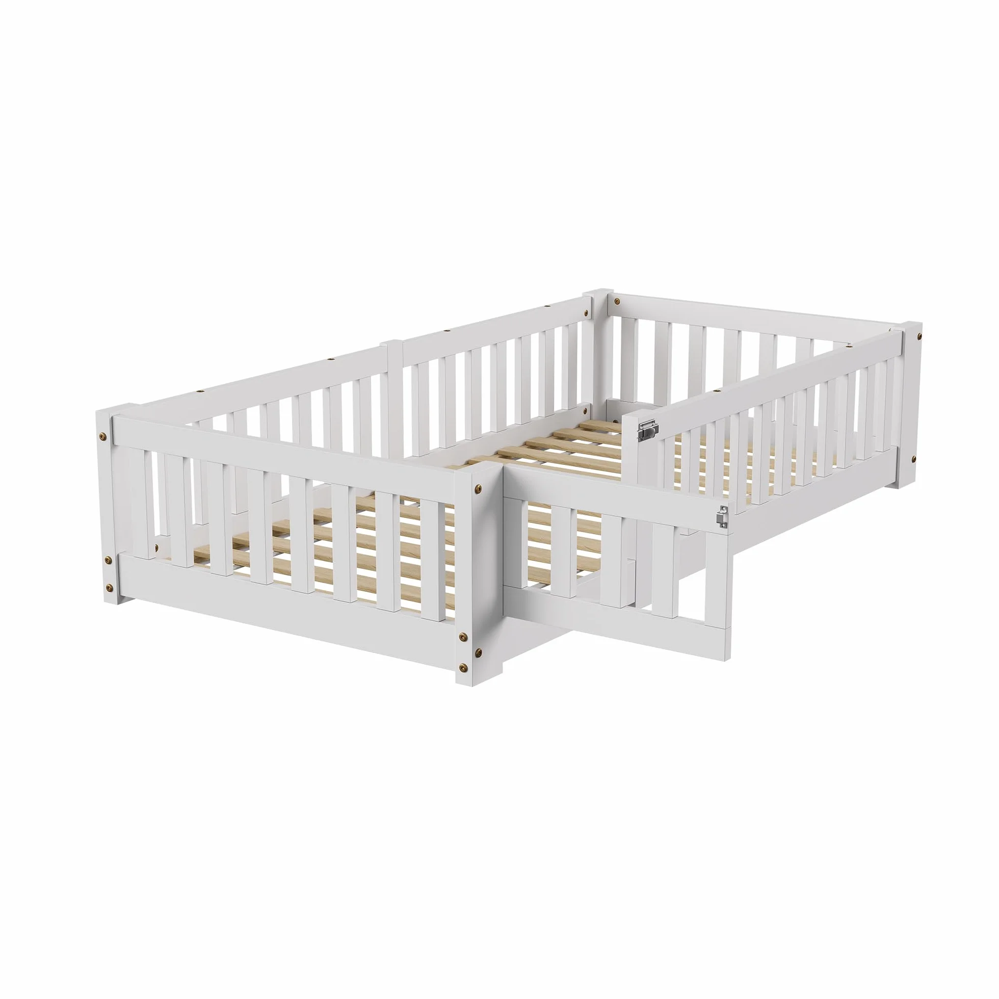 Lit Enfant Montessori au Sol 90x190 cm, Cadre de Lit en Bois de Pin Blanc avec Barrières de Sécurité, Sommier à Lattes pour Garçons et Filles (Matelas Non Inclus)