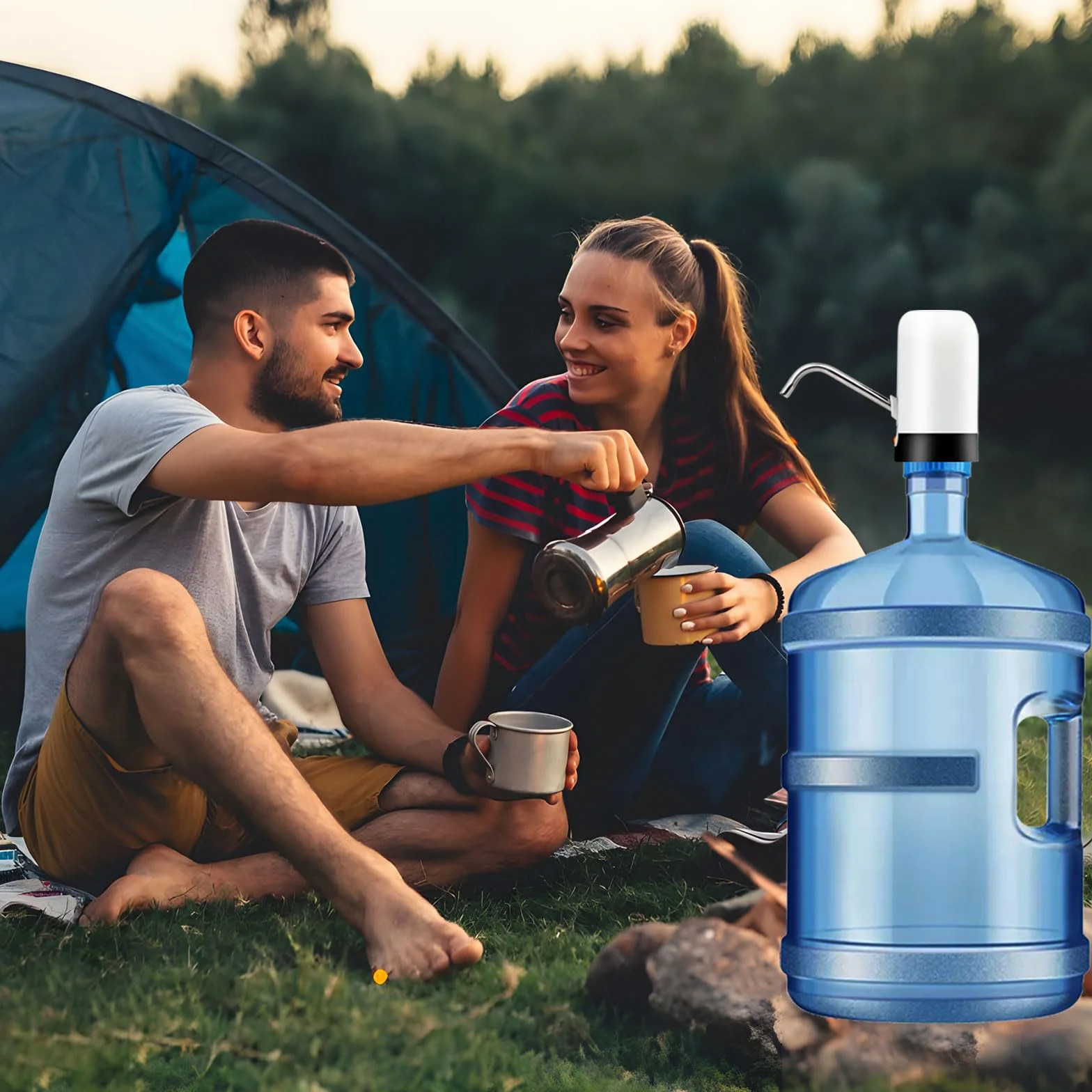 EASYSPEED Distributeur Eau Portable Rechargeable USB avec 2 Adaptateurs, Pompe Automatique, Camping Maison Bureau, Blanc