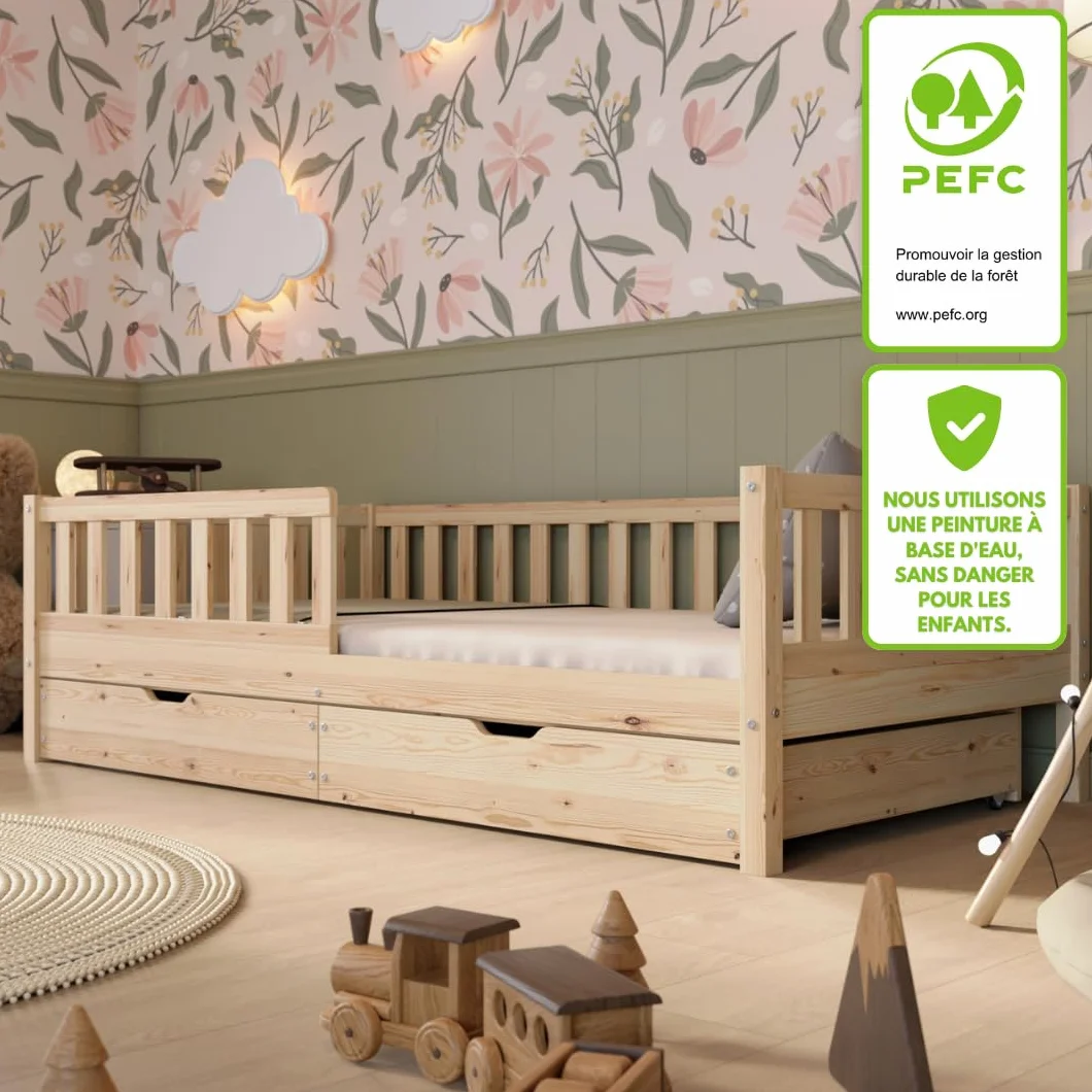 Lit Enfant avec Tiroirs 190x90 cm – Montessori au Sol en Bois Massif avec Barrière – Sécurisé pour Tout-Petit – Design Scandinave, Montage Facile - Crazy Basic