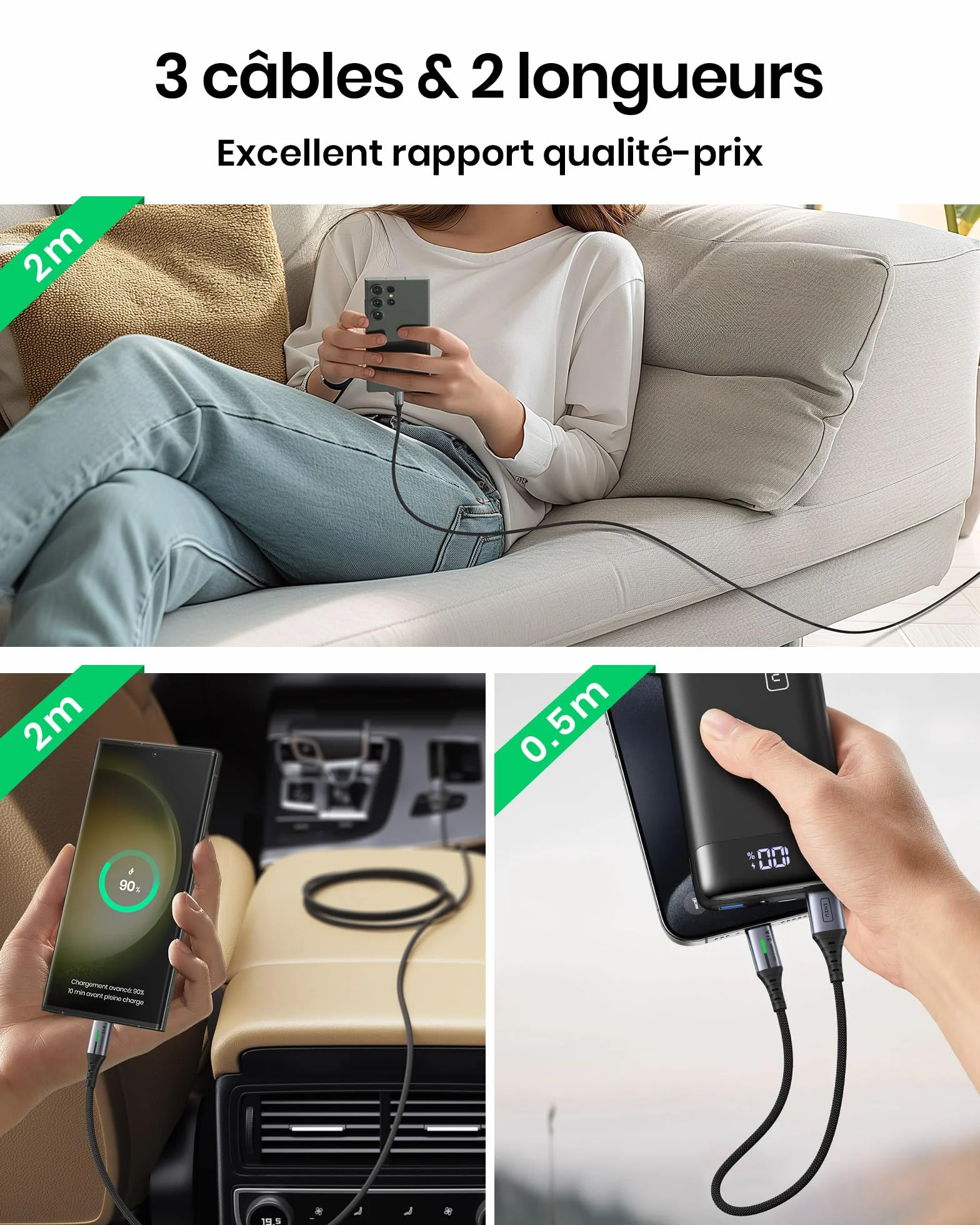 INIU Câble USB C Charge Rapide 3,1A Lot de 3 2m+2m+0,5m Nylon pour Samsung Galaxy S21 S20 A34 iPhone 15 Pro Google Pixel 7 Xiaomi PS5