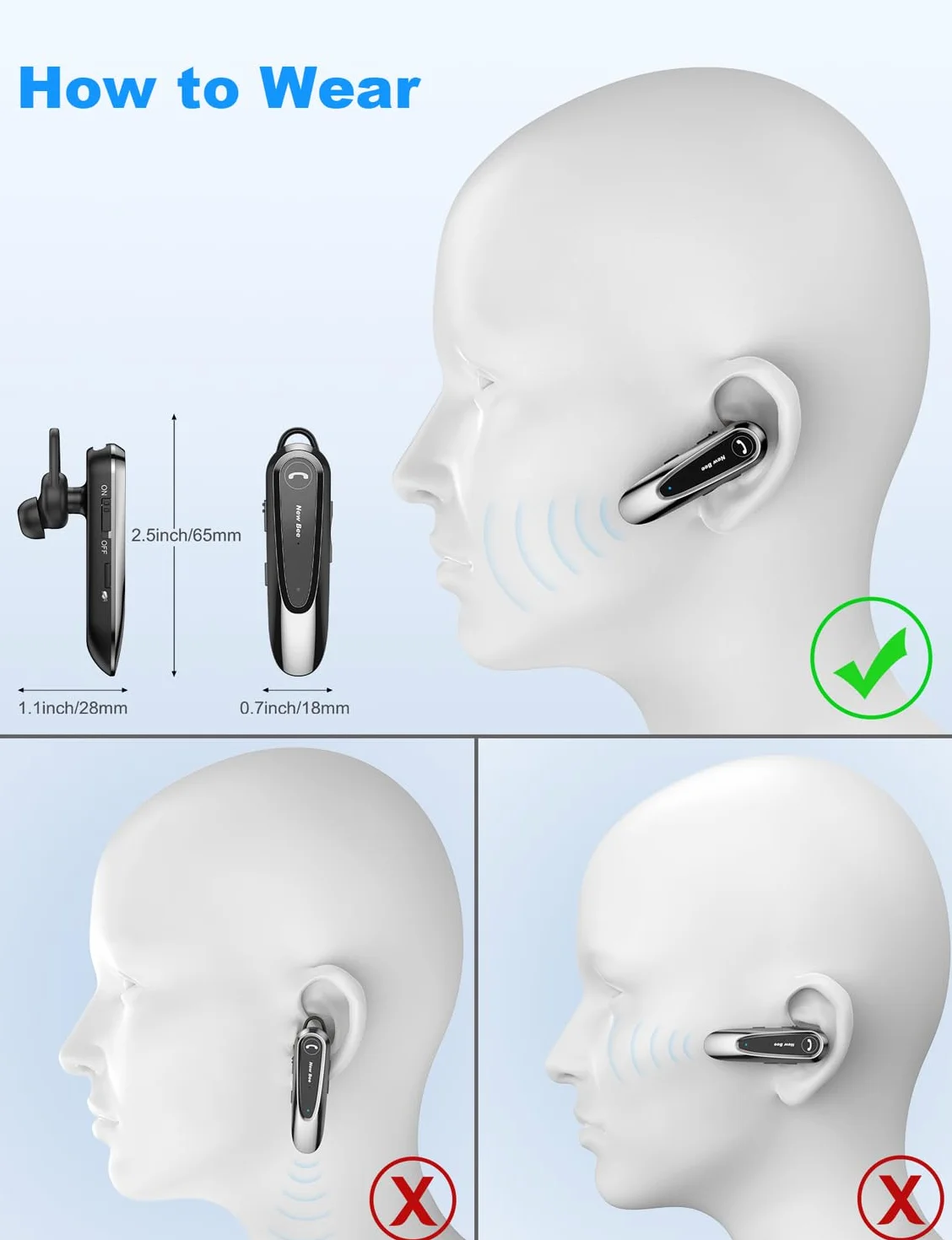 New Bee Zestawy słuchawkowe Bluetooth z podwójnym mikrofonem V5.0 zestaw głośnomówiący Bluetooth z 25-godzinnym czasem rozmów mikrofonem wyciszenie połączenia dwóch urządzeń do iPhone'a, Androida i