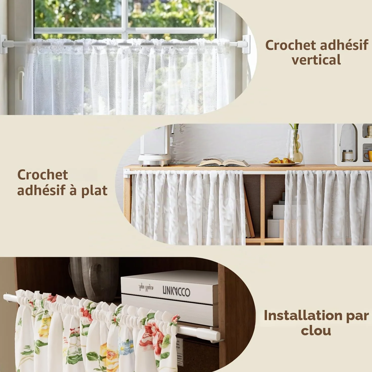 Tringles à rideaux extensibles lot de 2 avec crochets adhésifs 40-70 cm