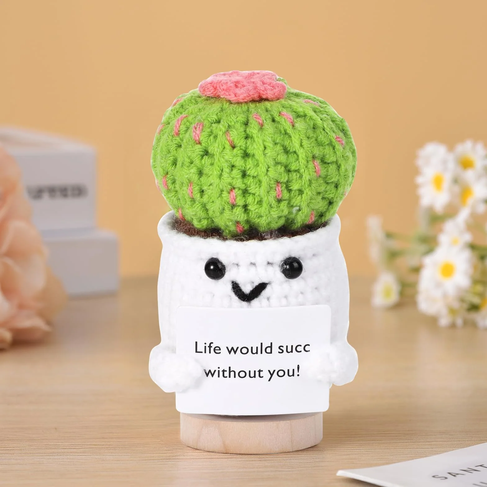 Cactus au Crochet Positif avec Socle, Carte, Cadeau Rétablissement