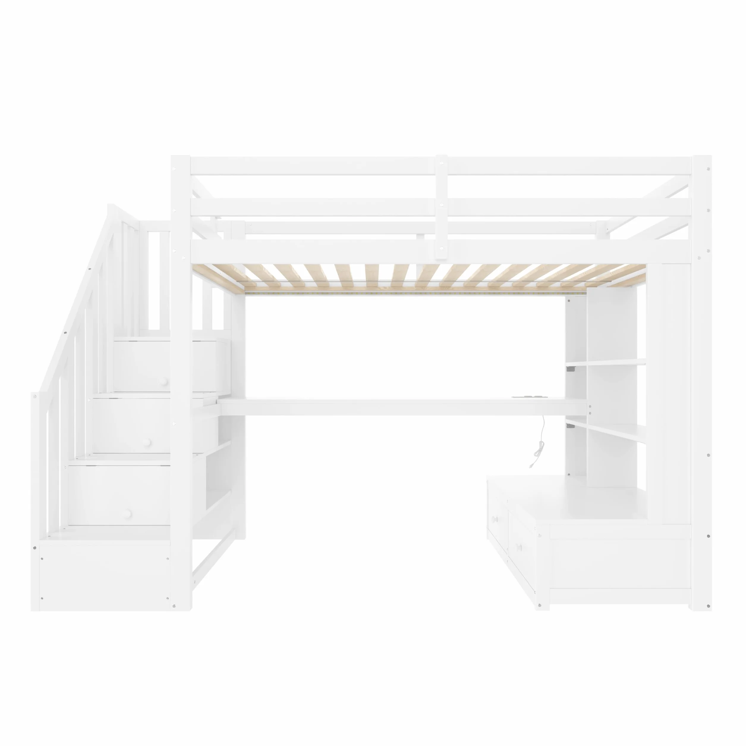 Sapgaks Lit Superposé Enfant 90x200 avec Bureau et étagères, Lit Cabane Enfants 90x200 avec Escalier de Rangement et 2 Tiroirs Intégrés, Lit Mezzanine 1 Place avec Barriere en Bois, Blanc