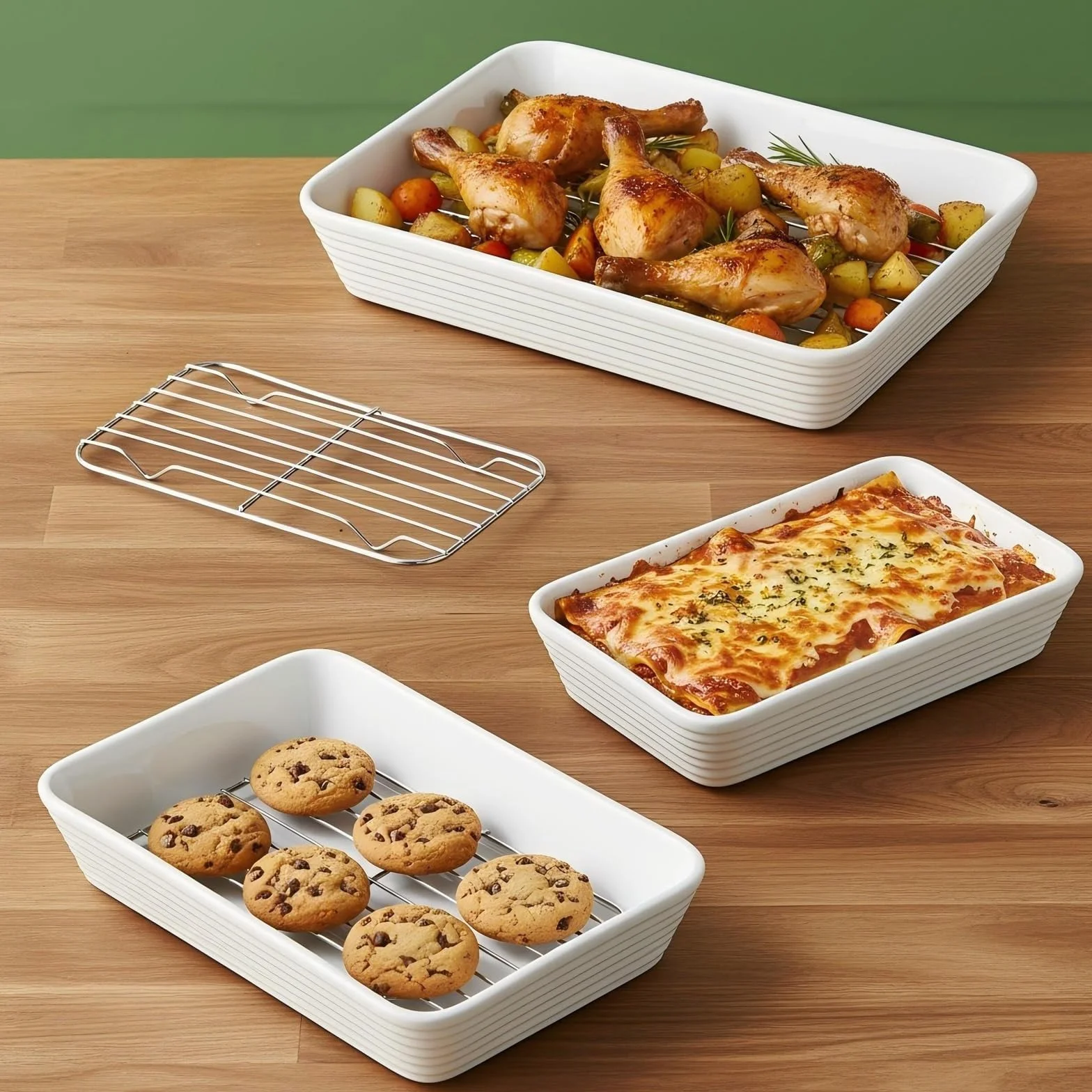 ONEMORE Set de 3 Plats à Four en Céramique avec Support | Formes Rectangulaires pour Lasagne, Tiramisu, Gratins et Préparation de Pâtisseries | 3 Tailles Incluses : 2,8 L, 2 L et 1,2 L
