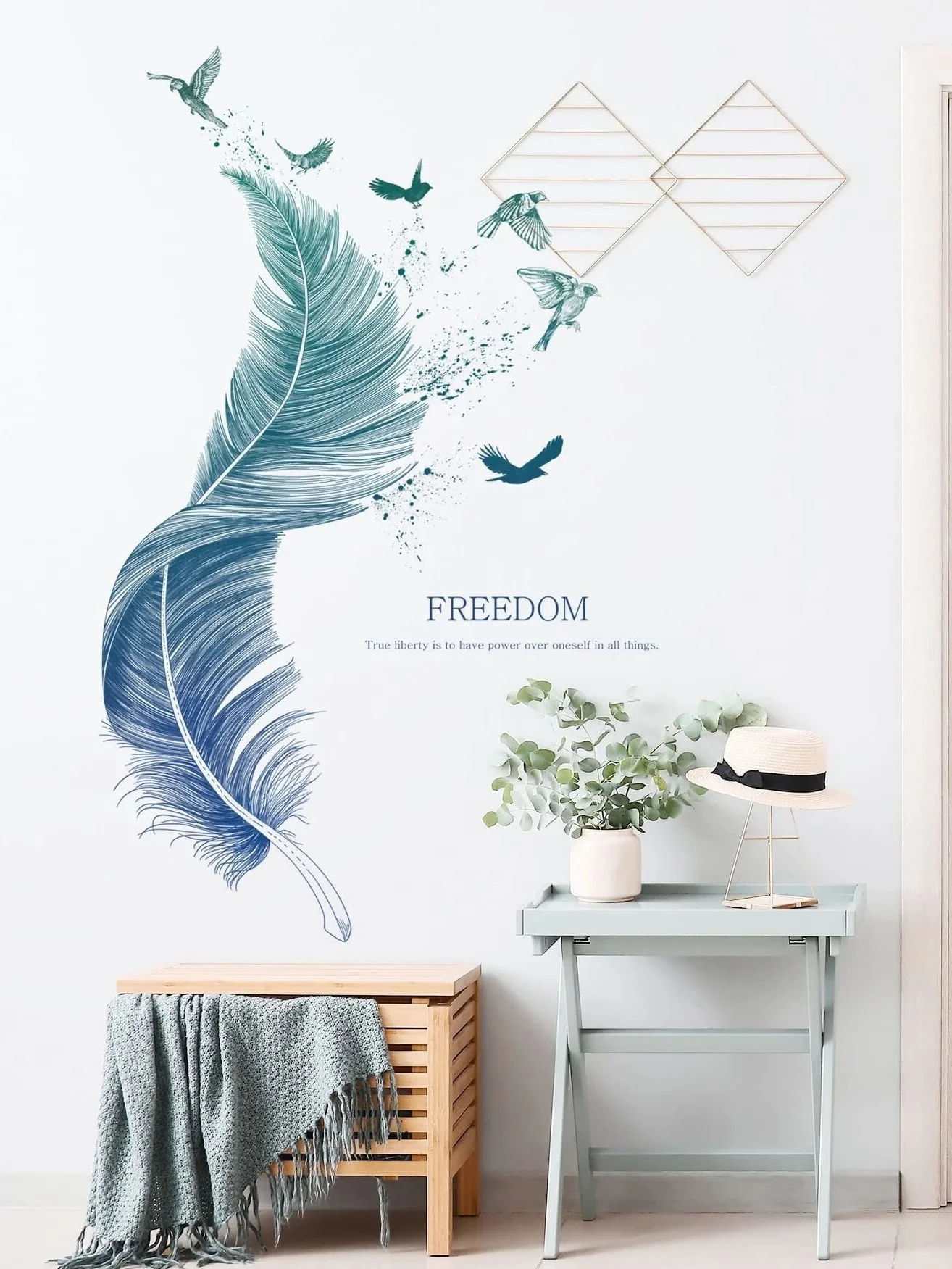 Stickers Muraux Plume Bleu Moderne 124×72 cm Autocollant Mural Décoration Salon Chambre