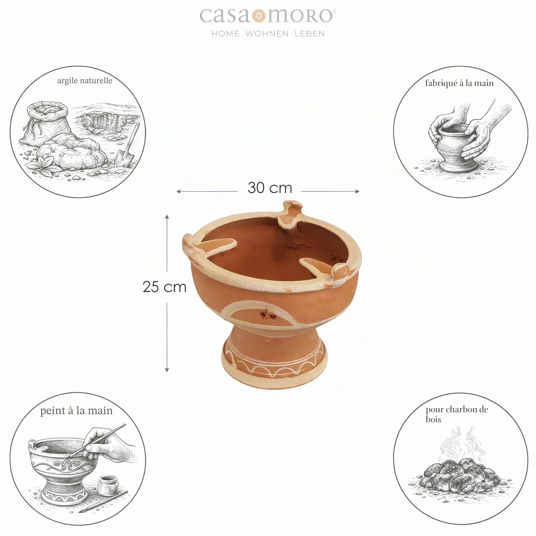 Casa Moro Charbon de bois marocain Majmar - Diamètre : 30 cm - Hauteur : 25 cm - Pour tajines - Diamètre : 24-27 cm - Artisanat de Marrakech - TA7120