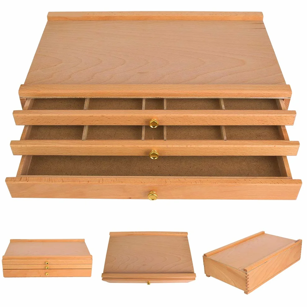 Outil de dessin à 3 tiroirs, boîte de rangement en bois de hêtre pour artistes, organiseur d’accessoires de peinture pigmentaire pour pastels crayons stylos marqueurs
