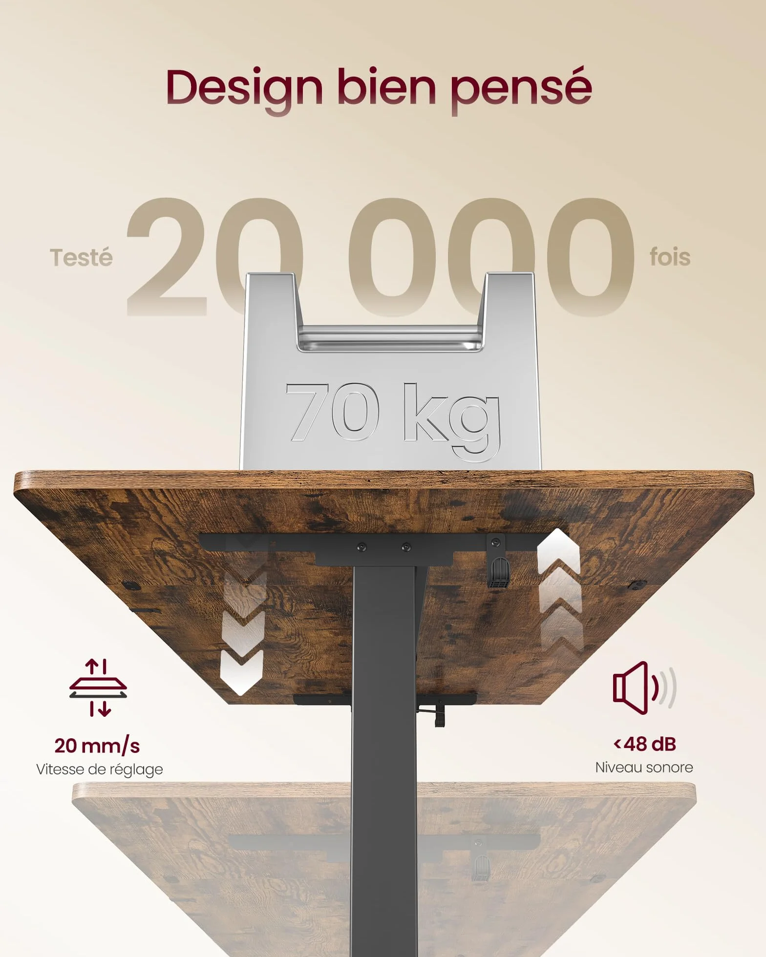 VASAGLE Bureau Électrique Réglable en Hauteur 140 x 70 cm Support d'Écran à Montage Flexible Tiroir Port USB-C Marron Rustique