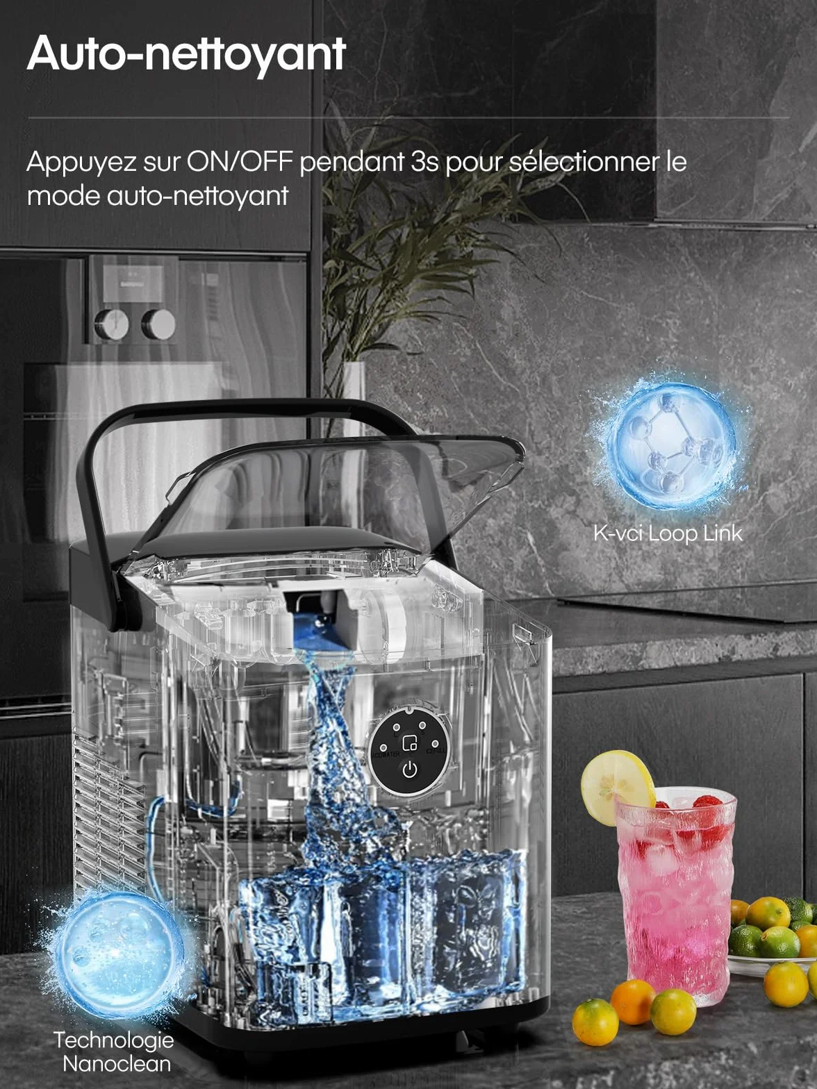 FOHERE Machine à Glaçons 14kg/24h, 8 Glaçons en 8 Minutes, 2 Tailles, Autonettoyante, Ice Maker Comptoir avec Poignée