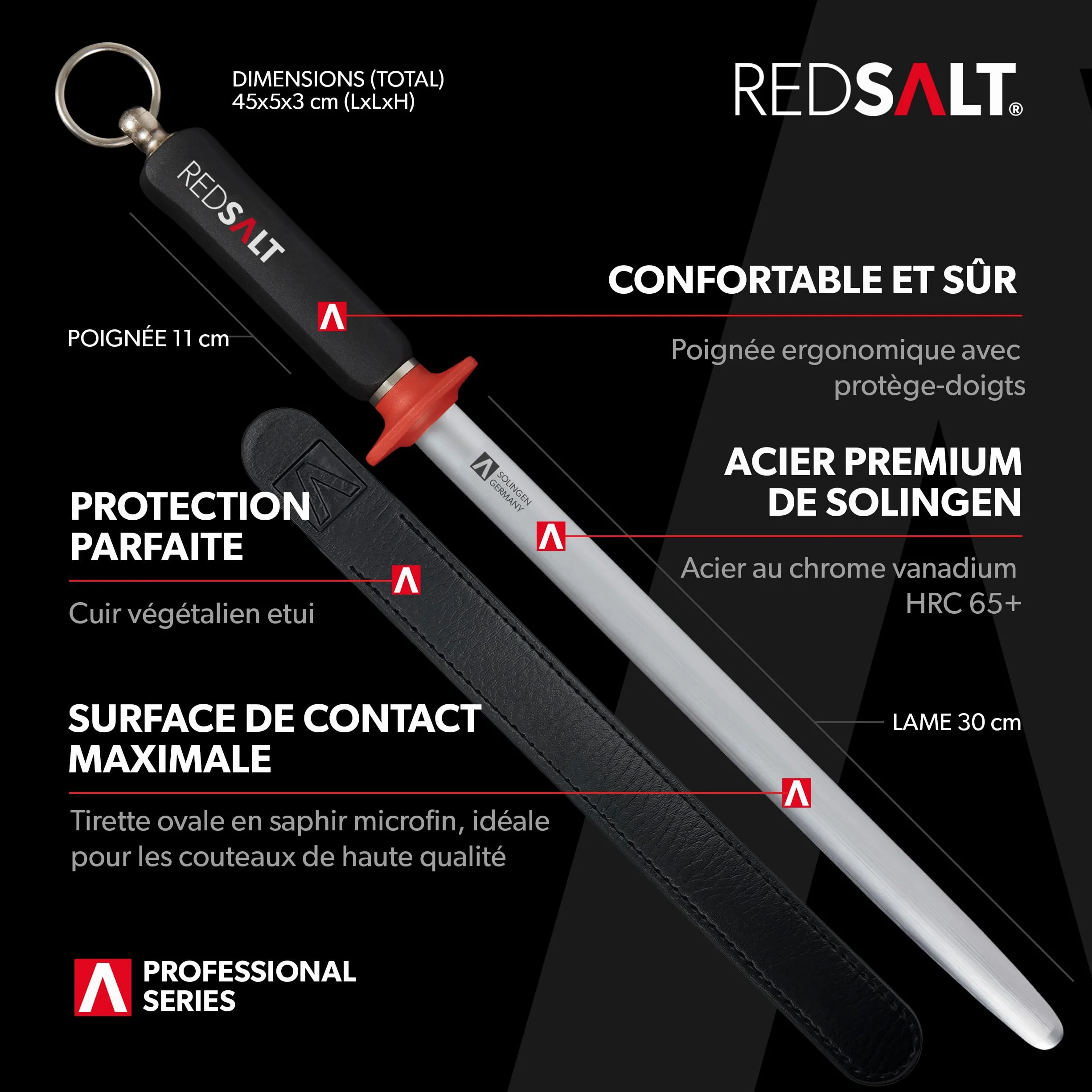 REDSALT® Premium fusil à aiguiser 30cm ovale micro-fin saphir pour couteaux de haute qualité | HRC 65 acier chrome vanadium Made in Germany | Aiguiseur professionnel, manche ergonomique