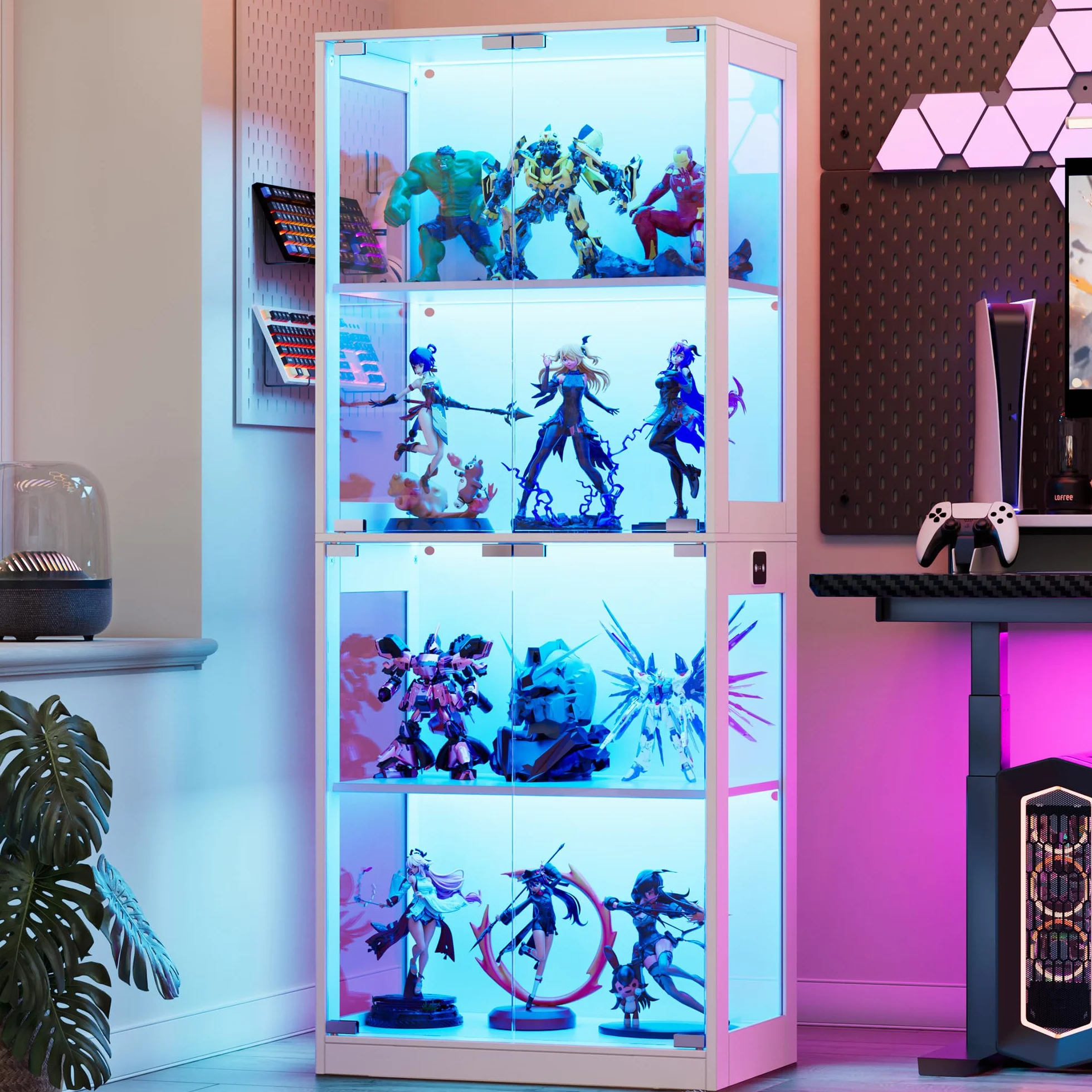 MSFE Vitrine en Verre avec LED, Vitrine pour Collection avec Capteur Intelligent, 4 Couches Multifonction en Verre Debout,Armoir Moderne, Armoire de Salon, Capacité de Charge par Couche: 15 kg, Blanc
