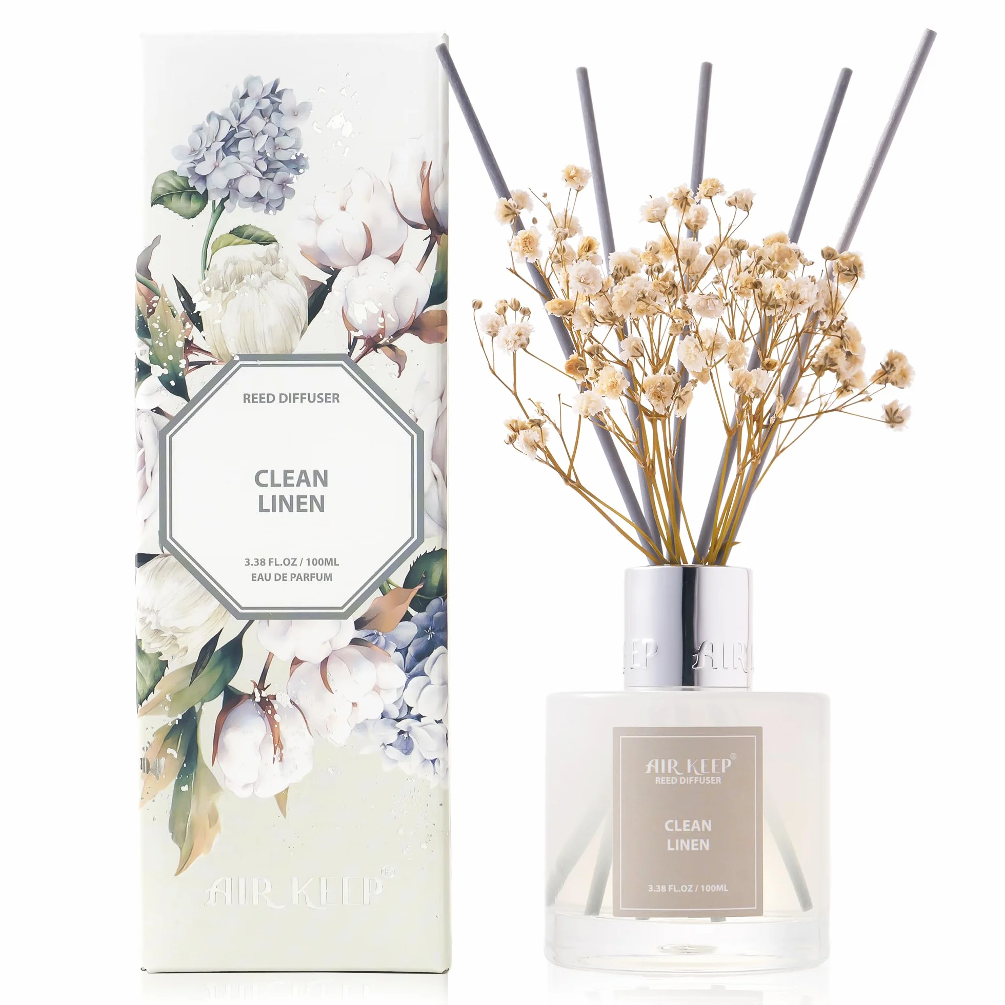 Airkeep Diffuseur de Parfum Clean Linen 100ml, Maison avec 8 Bâtonnets, Décoration Chambre Salon Salle de Bain Bureau