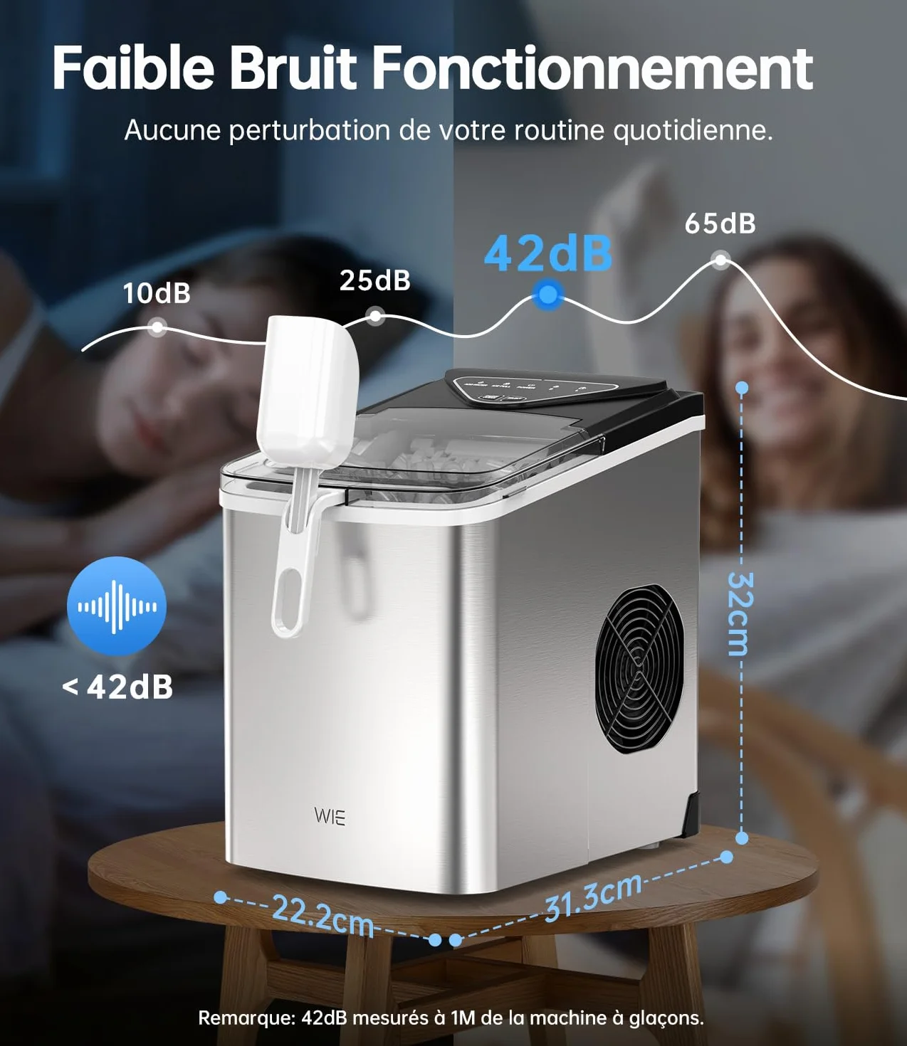 WIE Machine à glaçons, 15 kg de glaçons Ice Maker, 9 cubes en 6 min, Machine à glaçons avec poignée portable, Argent, Machine à glaçons pour la maison/cuisine/bureau/camping-car