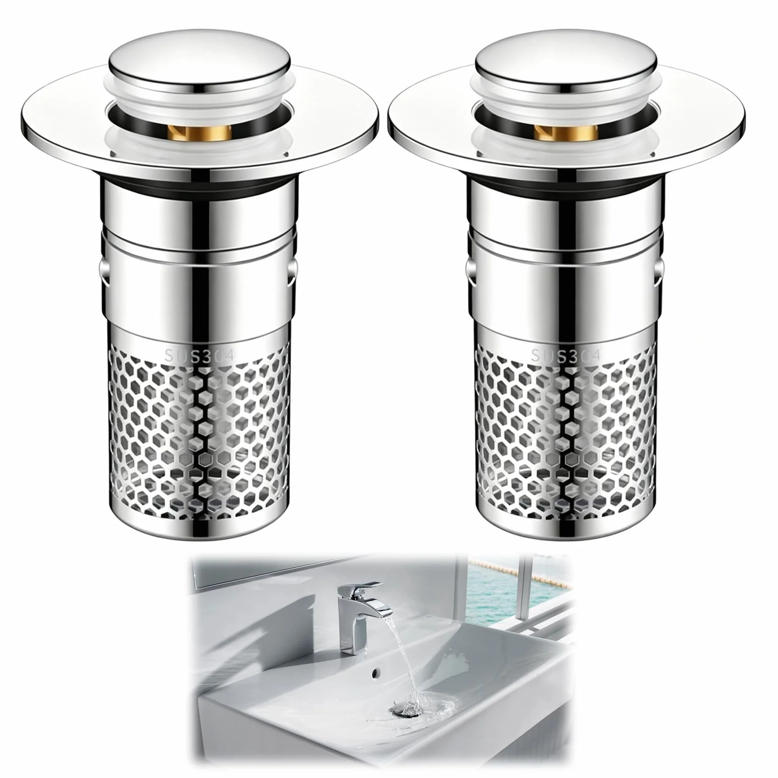 Bouchon de Vidange Universel Pop Up 34-40mm INOX Cuivre avec Filtre Intégré pour Lavabo Baignoire