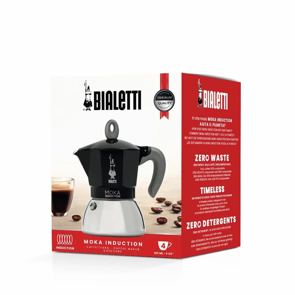 Bialetti - Moka Induction, Cafetière moka, Tous feux, 4 tasses d'espresso (150ml), Noir