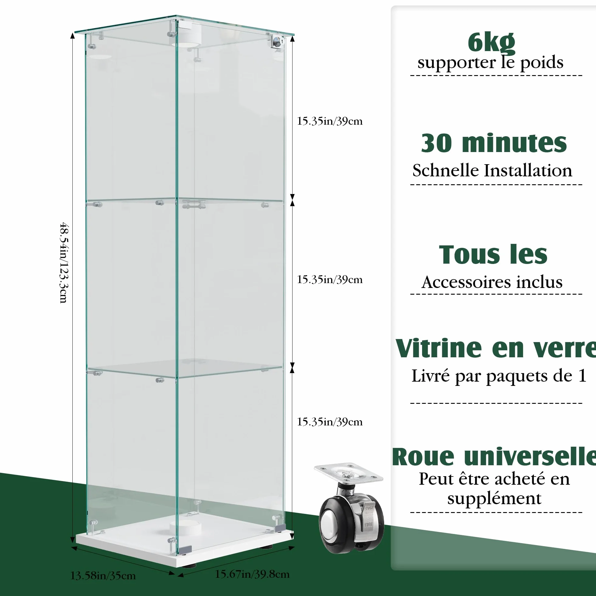 Vitrine en verre avec 1 porte et éclairage LED, 3 étagères, pour salon, bureau, chambre à coucher, 40 x 35 x 123 cm, facile à assembler, blanc