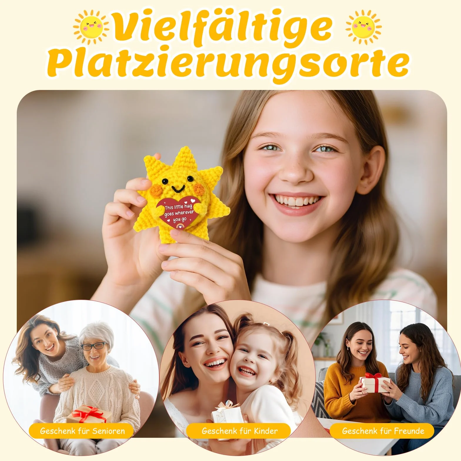Poupée tricotée à la main Soleil Pocket Hug Cadeau positif pour femme Anniversaire Noël