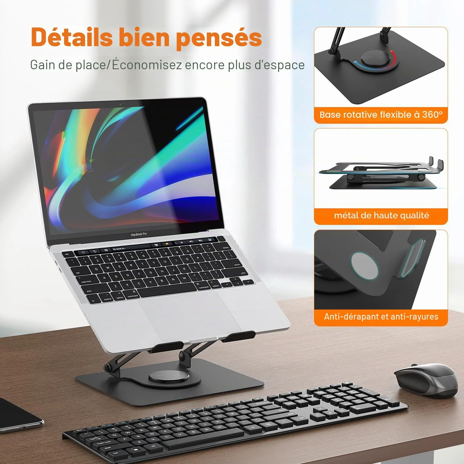 GRIFEMA GB1050 Support Ordinateur Portable Ergonomique Rotatif 360° Réglable en Hauteur Pliable Ventilé pour MacBook Air/Pro Dell Laptops 11-17 Pouces Noir