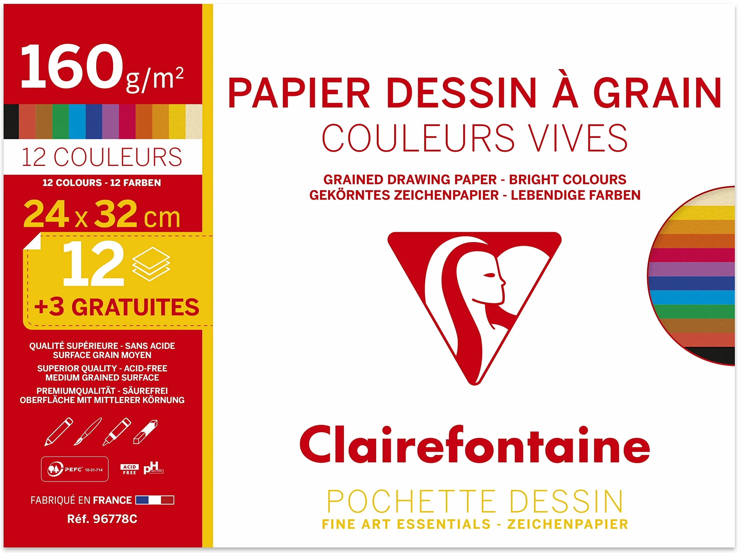 Clairefontaine Lot de 2 Pochette Dessin Scolaire 15 Feuilles Papier Dessin Couleurs Vives 160g Blanc 180g 24x32 cm