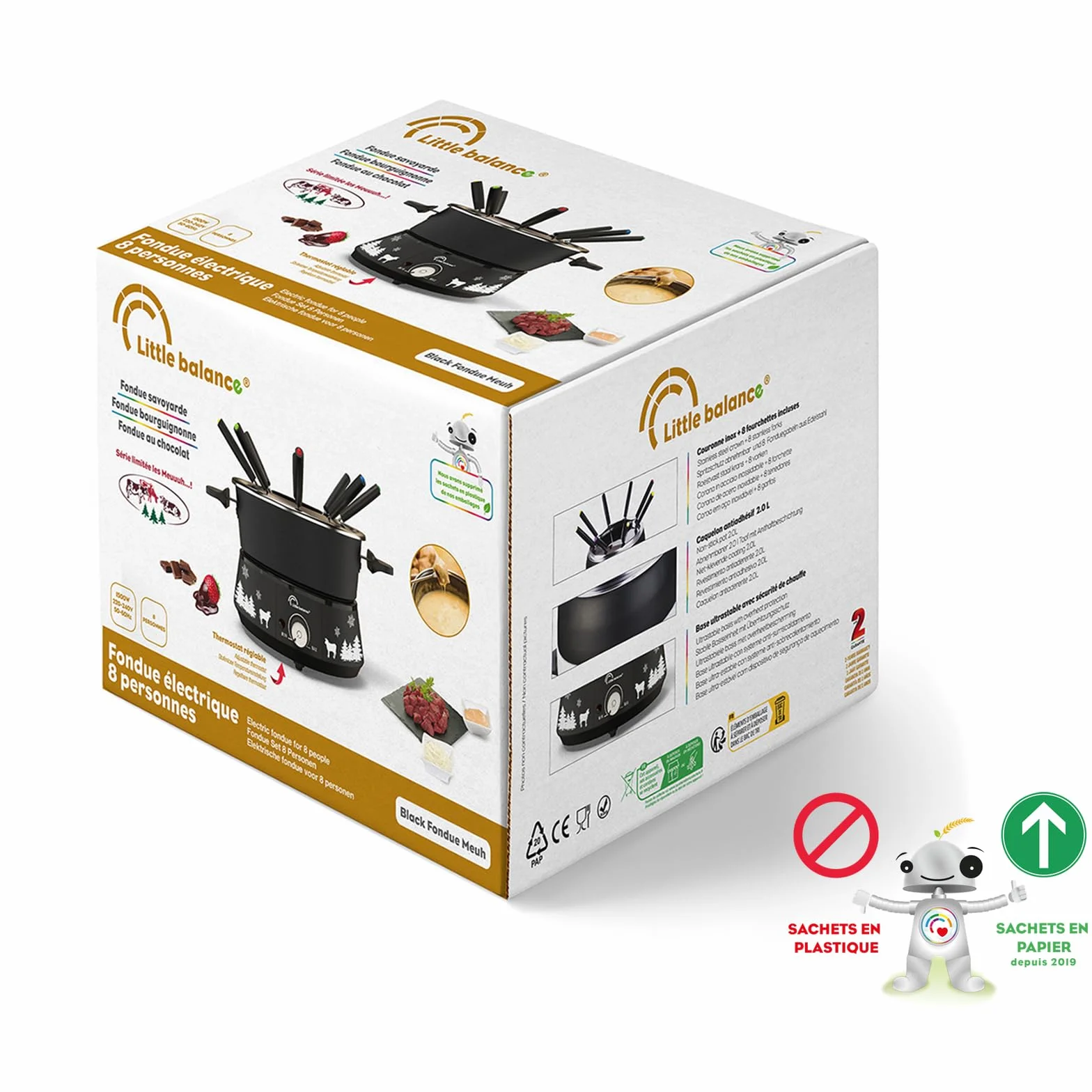 LITTLE BALANCE 8690 Black Fondue 8 Meuuuh...!, Appareil à fondue 8 personnes, Caquelon anti-adhésif grande contenance 2 litres, 1500 W, Noir